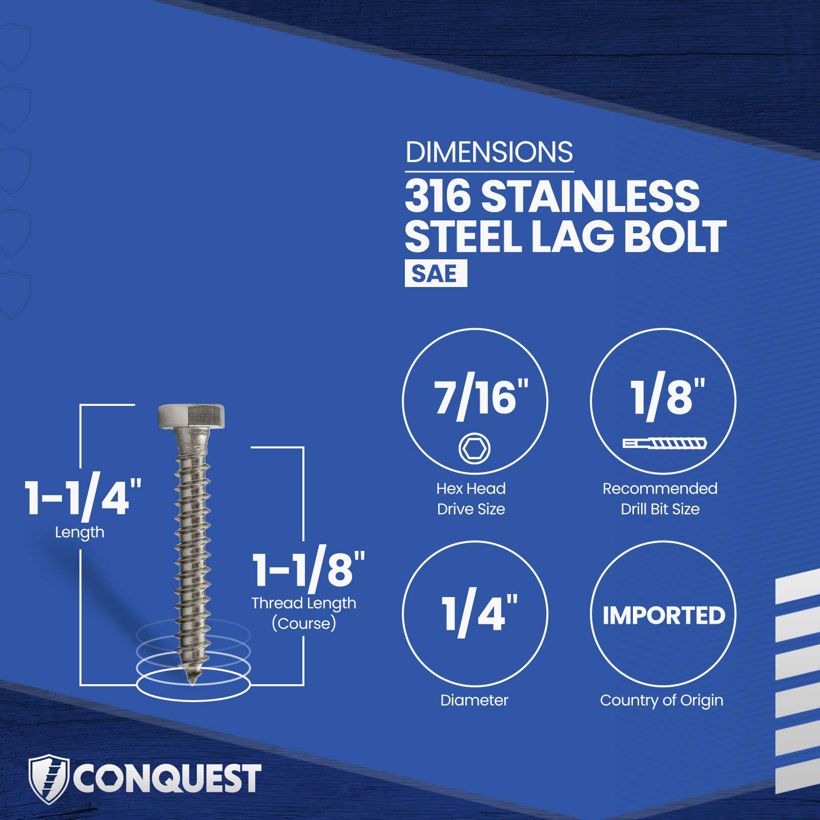 1/4"-10 x 1-1/4" Conquest Hex Head Lag Bolt for Wood - 316 Stainless Steel