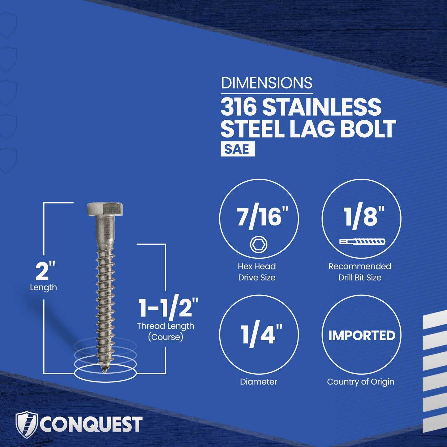 1/4"-10 x 2" Conquest Hex Head Lag Bolt for Wood - 316 Stainless Steel