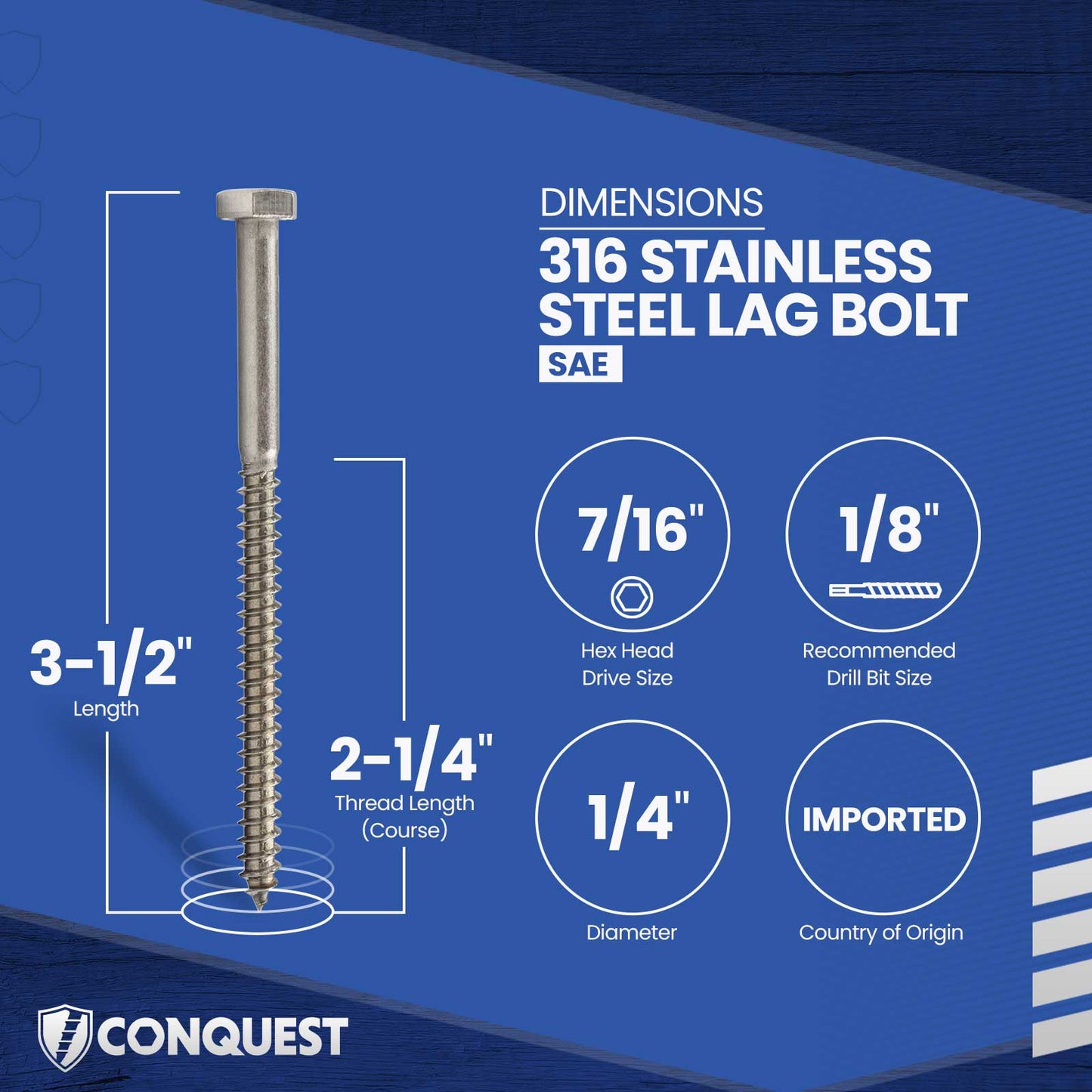 1/4"-10 x 3-1/2" Conquest Hex Head Lag Bolt for Wood - 316 Stainless Steel