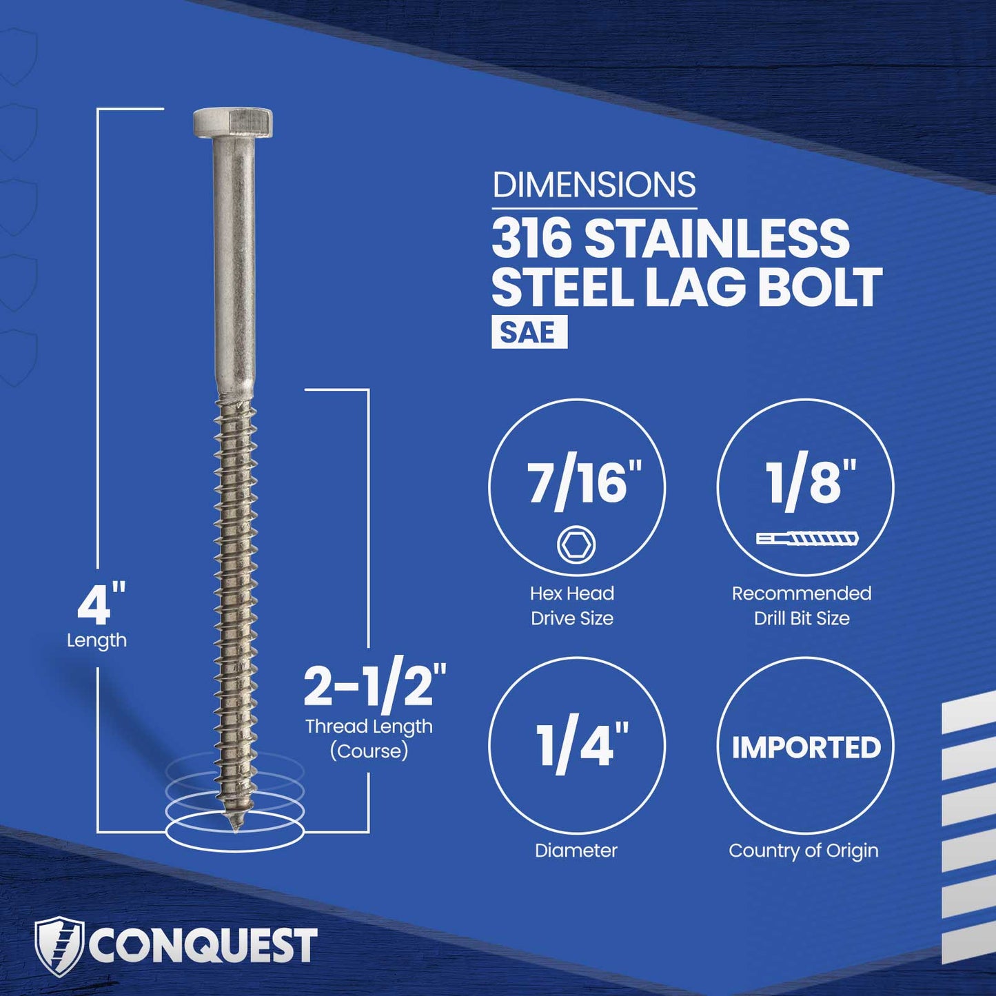 1/4"-10 x 4" Conquest Hex Head Lag Bolt for Wood - 316 Stainless Steel