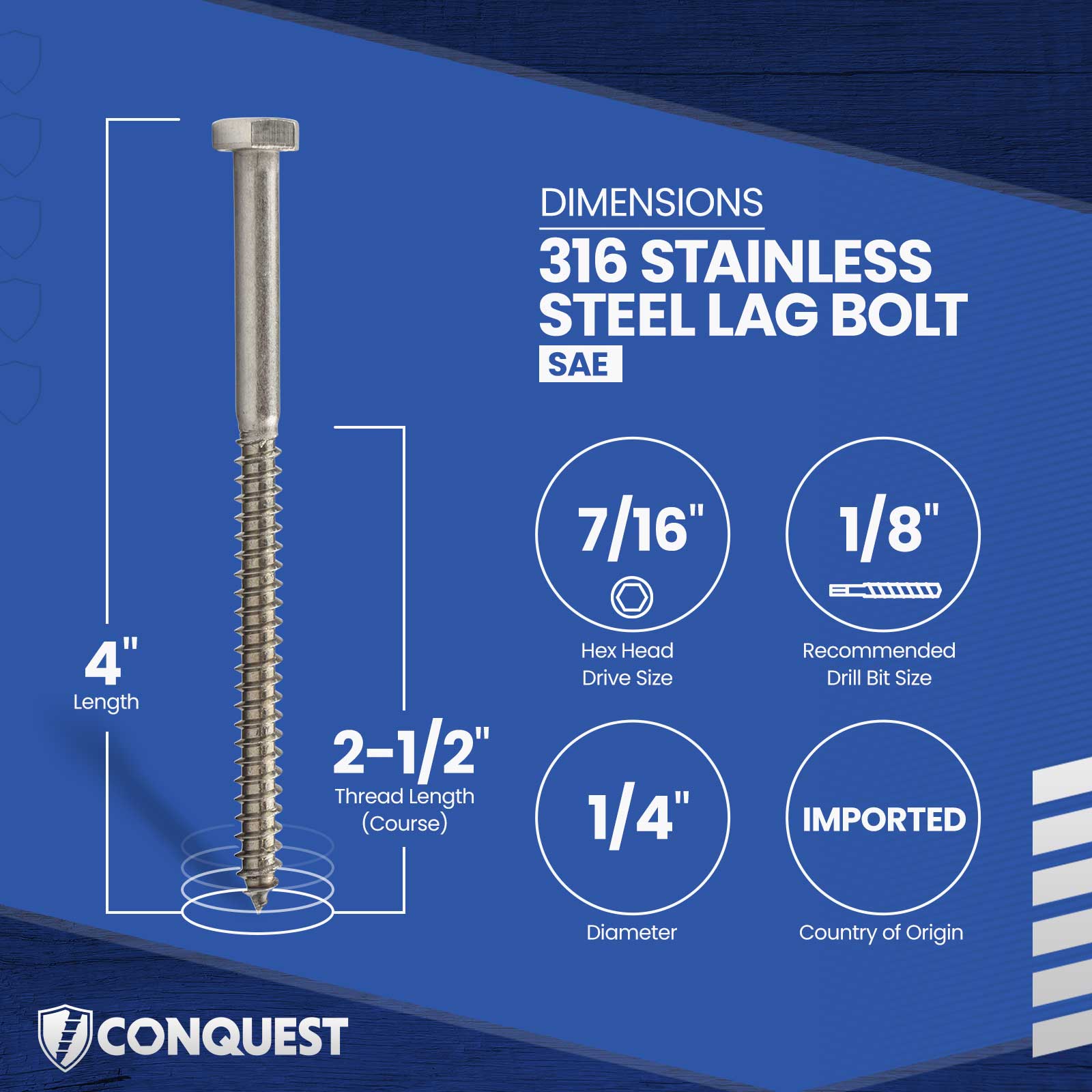 1/4"-10 x 4" Conquest Hex Head Lag Bolt for Wood - 316 Stainless Steel