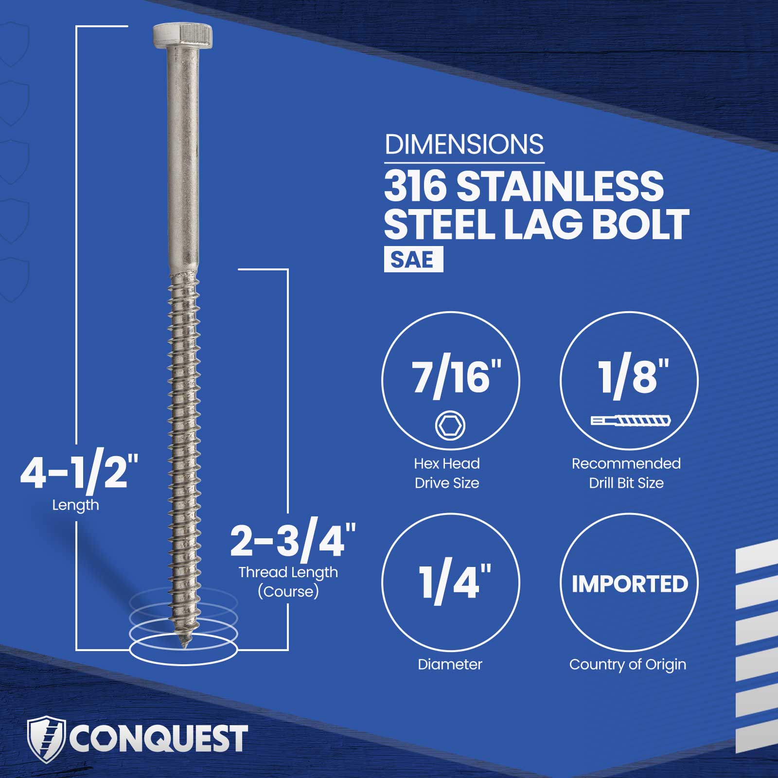 1/4"-10 x 4-1/2" Conquest Hex Head Lag Bolt for Wood - 316 Stainless Steel