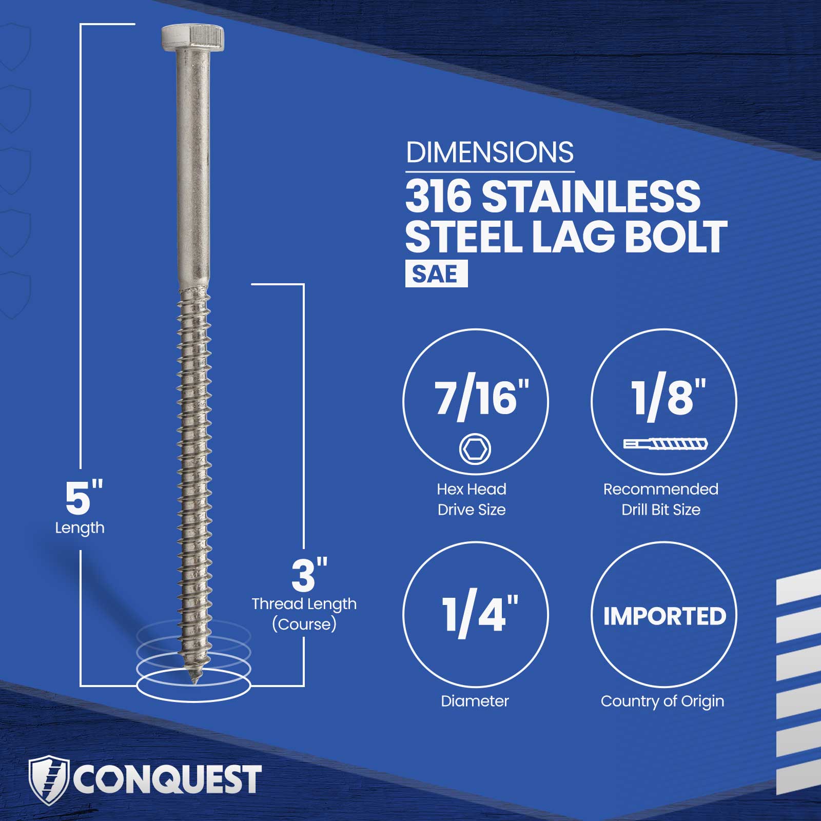 1/4"-10 x 5" Conquest Hex Head Lag Bolt for Wood - 316 Stainless Steel