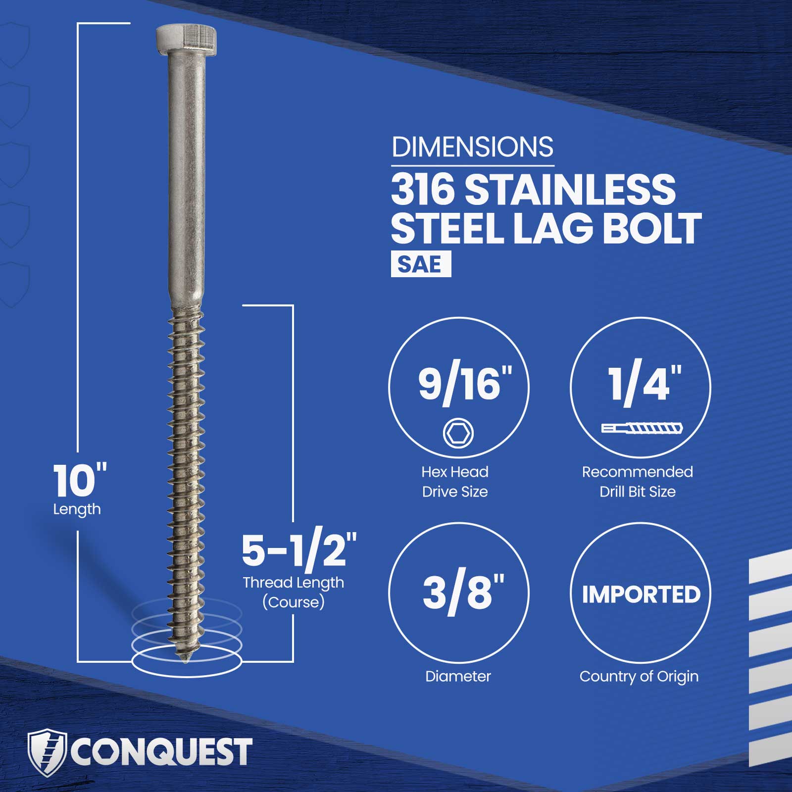 3/8"-7 x 10" Conquest Hex Head Lag Bolt for Wood - 316 Stainless Steel