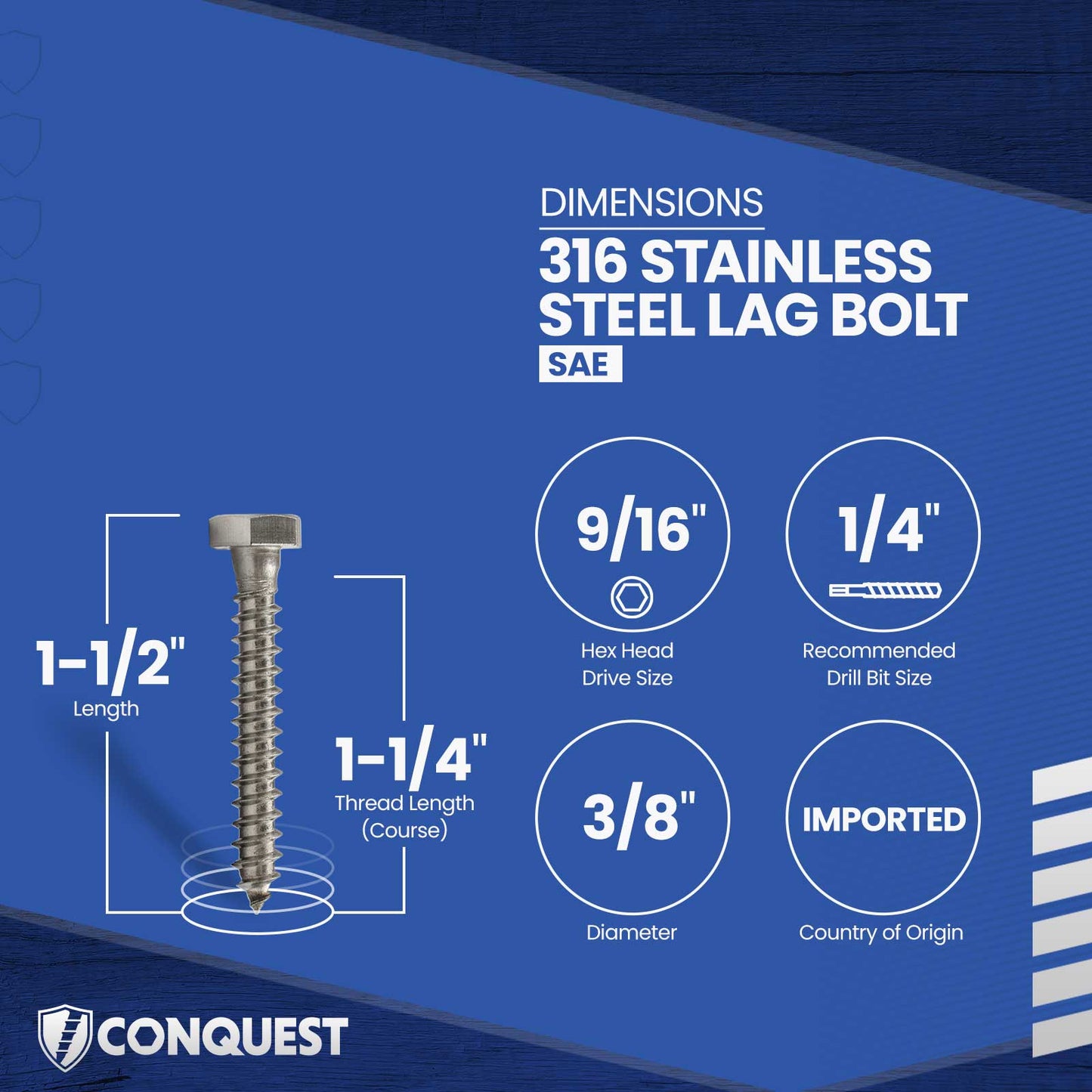 3/8"-7 x 1-1/2" Conquest Hex Head Lag Bolt for Wood - 316 Stainless Steel