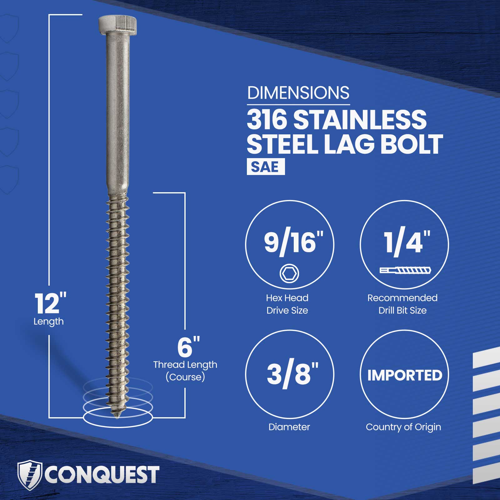 3/8"-7 x 12" Conquest Hex Head Lag Bolt for Wood - 316 Stainless Steel