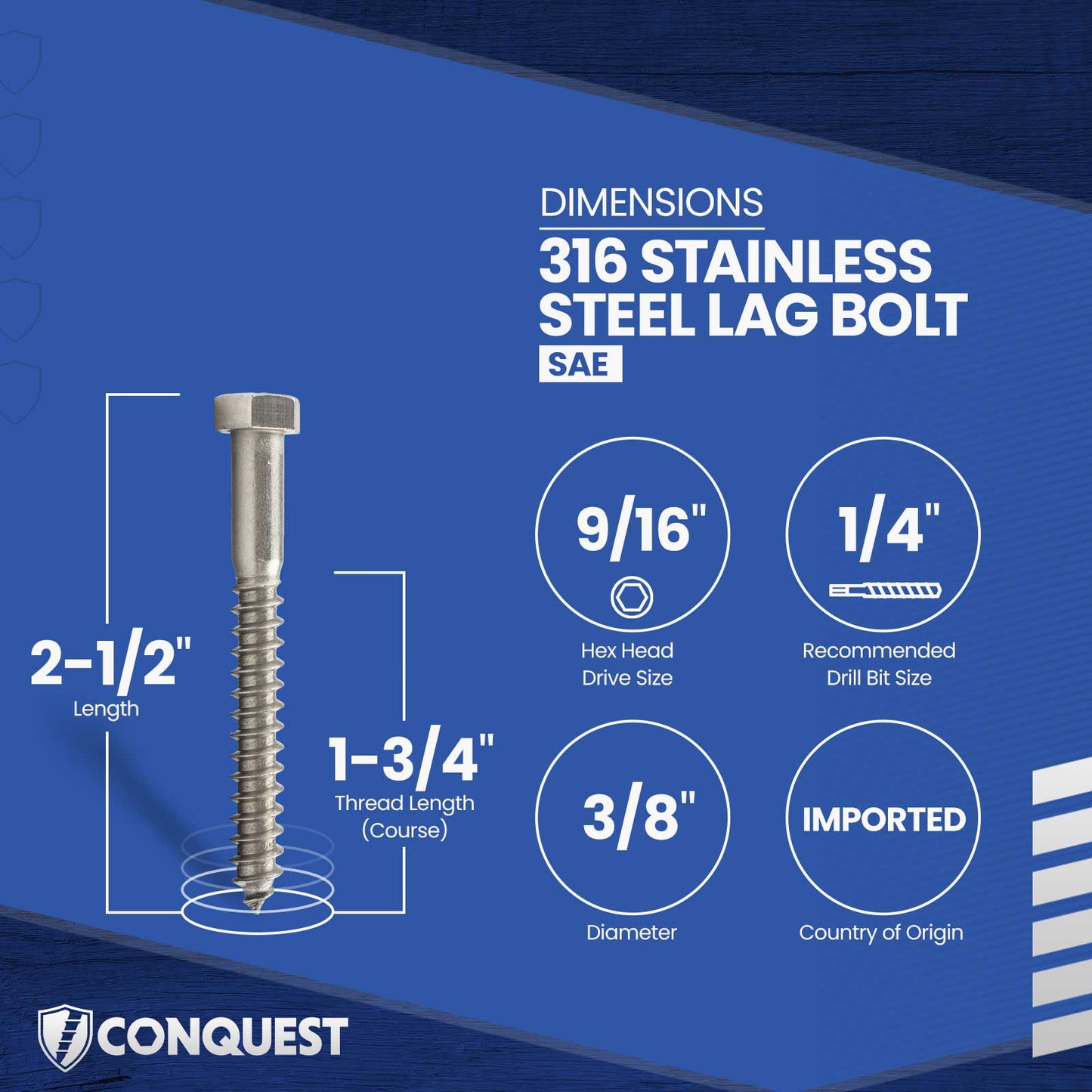 3/8"-7 x 2-1/2" Conquest Hex Head Lag Bolt for Wood - 316 Stainless Steel