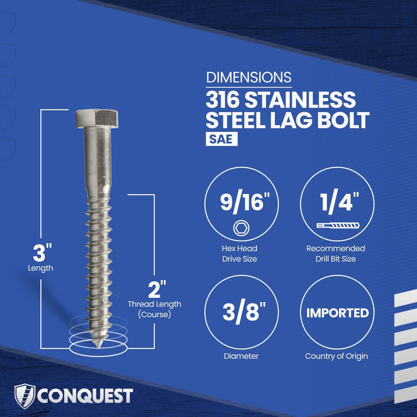 3/8"-7 x 3" Conquest Hex Head Lag Bolt for Wood - 316 Stainless Steel