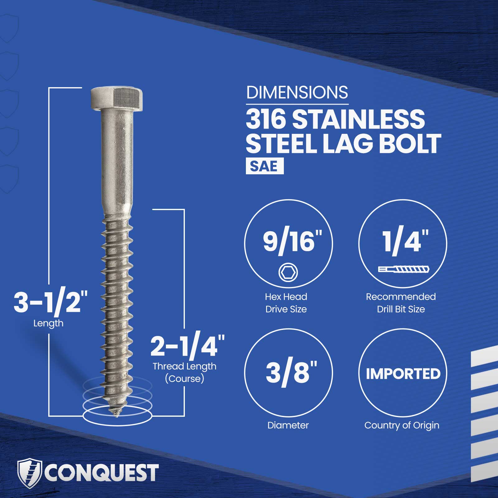 3/8"-7 x 3-1/2" Conquest Hex Head Lag Bolt for Wood - 316 Stainless Steel