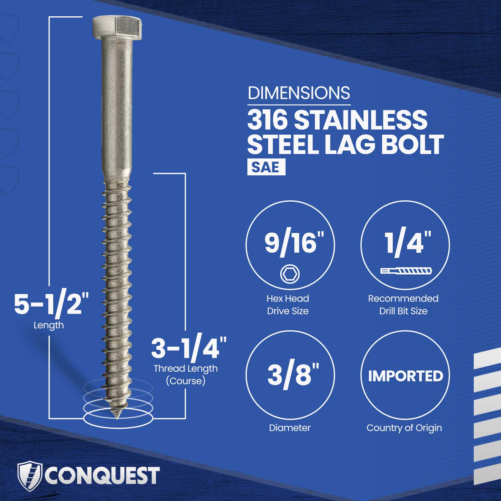 3/8"-7 x 5-1/2" Conquest Hex Head Lag Bolt for Wood - 316 Stainless Steel