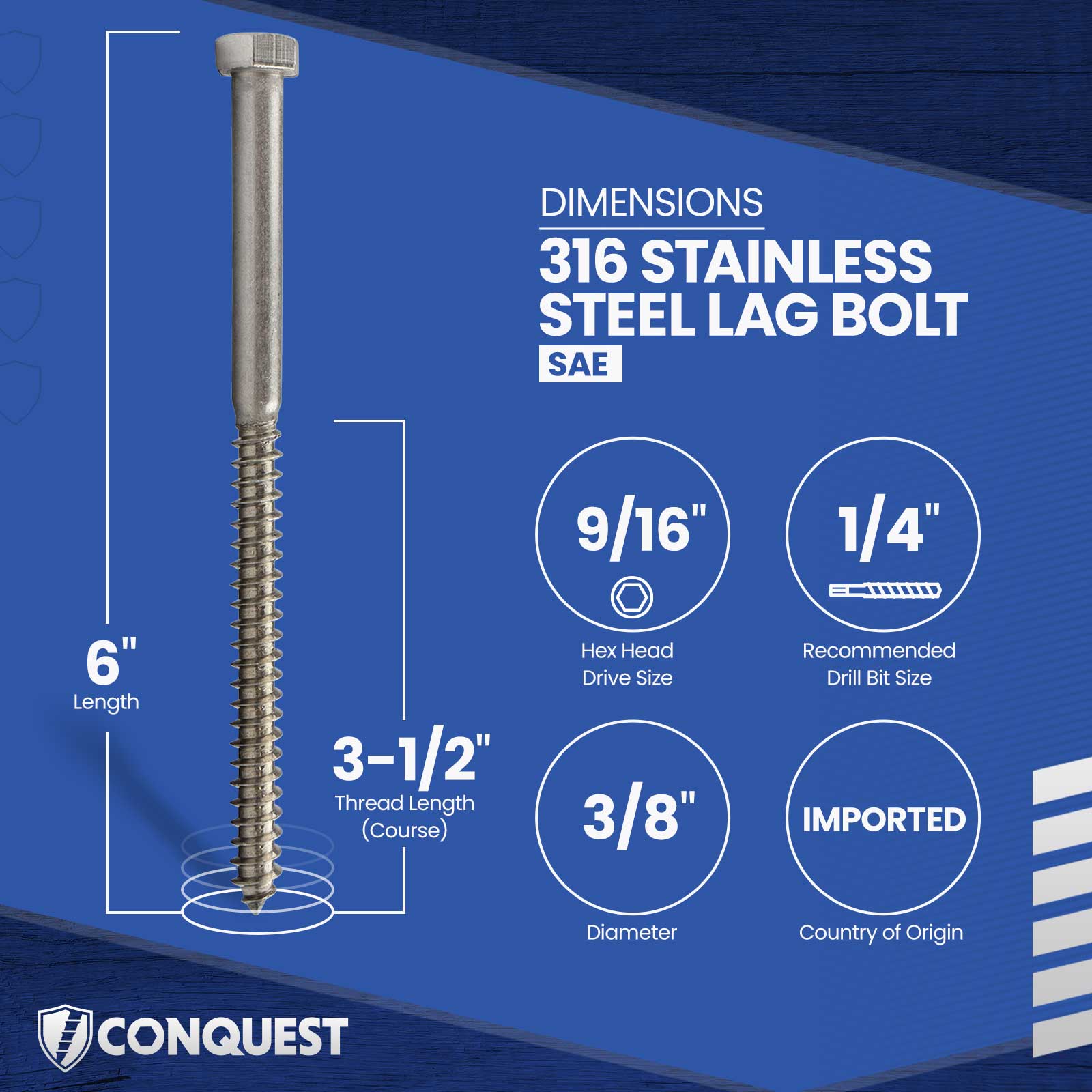 3/8"-7 x 6" Conquest Hex Head Lag Bolt for Wood - 316 Stainless Steel