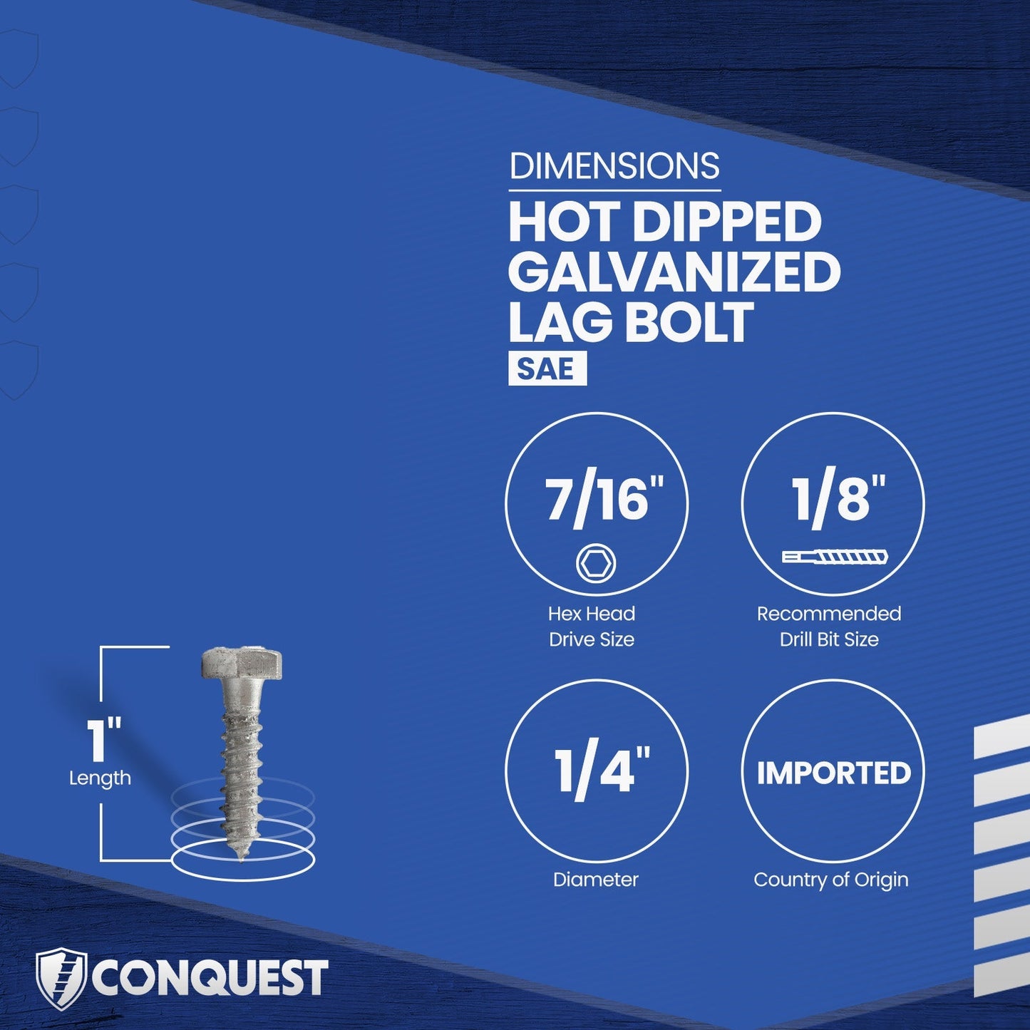 1/4"-10 x 1" Conquest Hex Head Lag Bolt for Wood - Hot Dip Galvanized