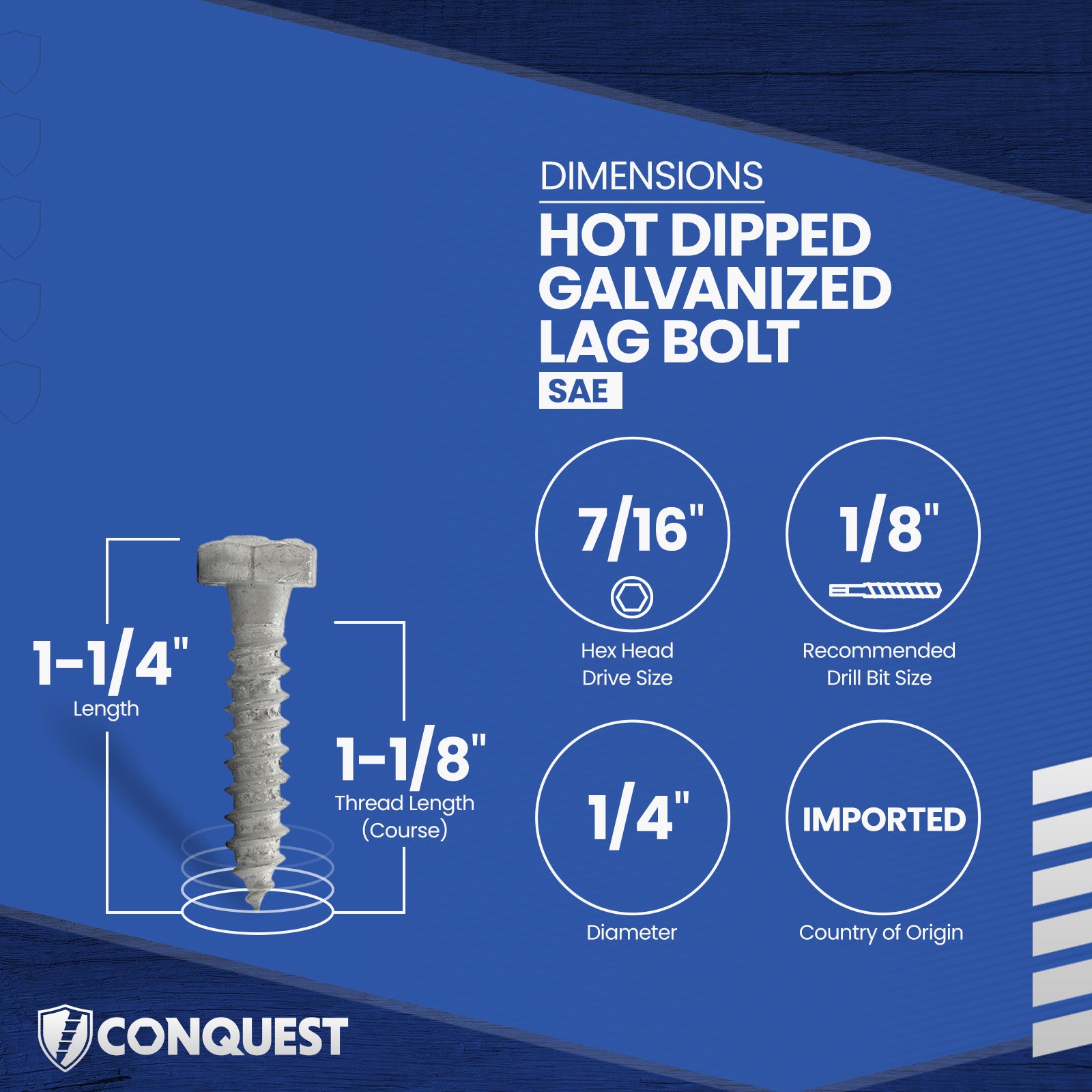 1/4"-10 x 1-1/4" Conquest Hex Head Lag Bolt for Wood - Hot Dip Galvanized