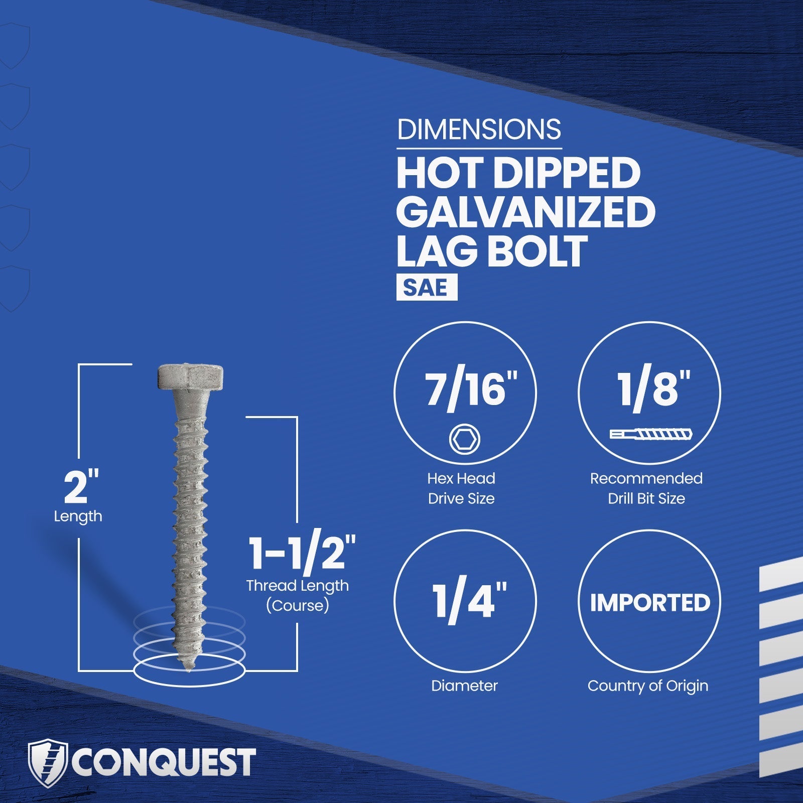1/4"-10 x 2" Conquest Hex Head Lag Bolt for Wood - Hot Dip Galvanized