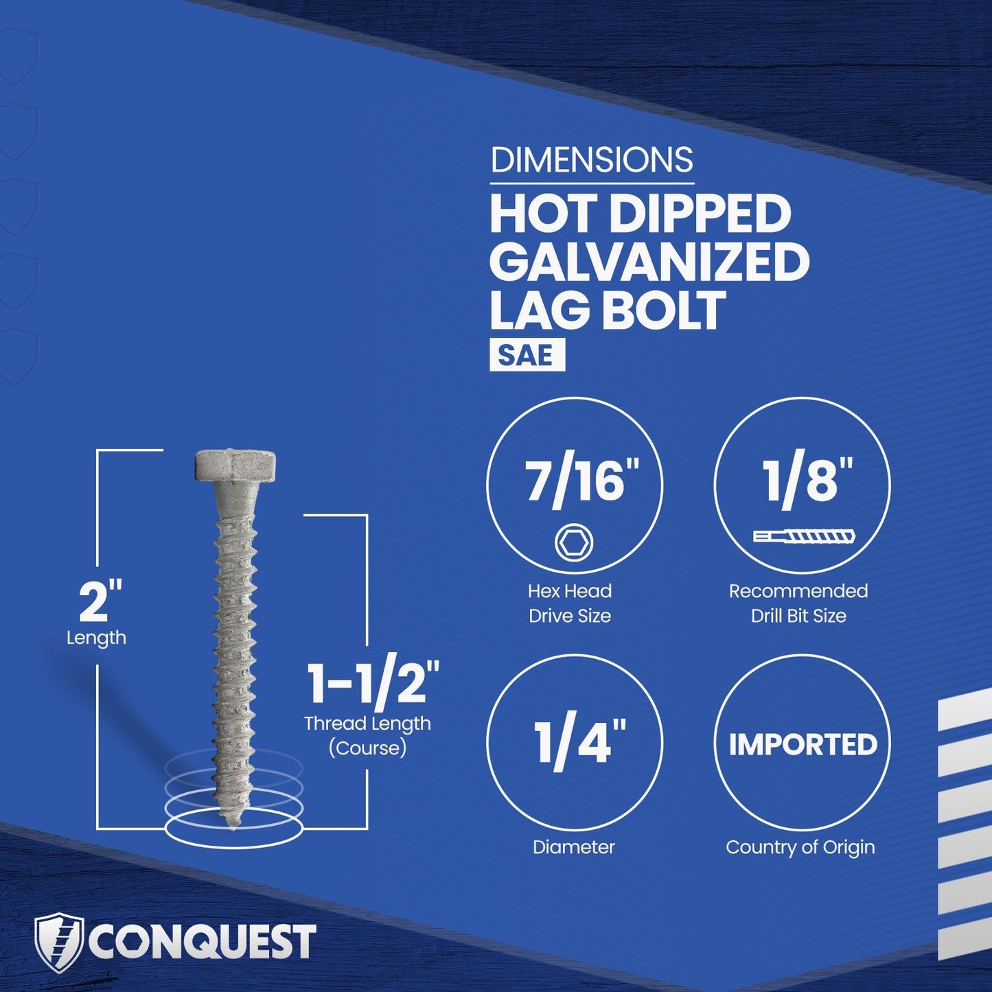 1/4"-10 x 2" Conquest Hex Head Lag Bolt for Wood - Hot Dip Galvanized