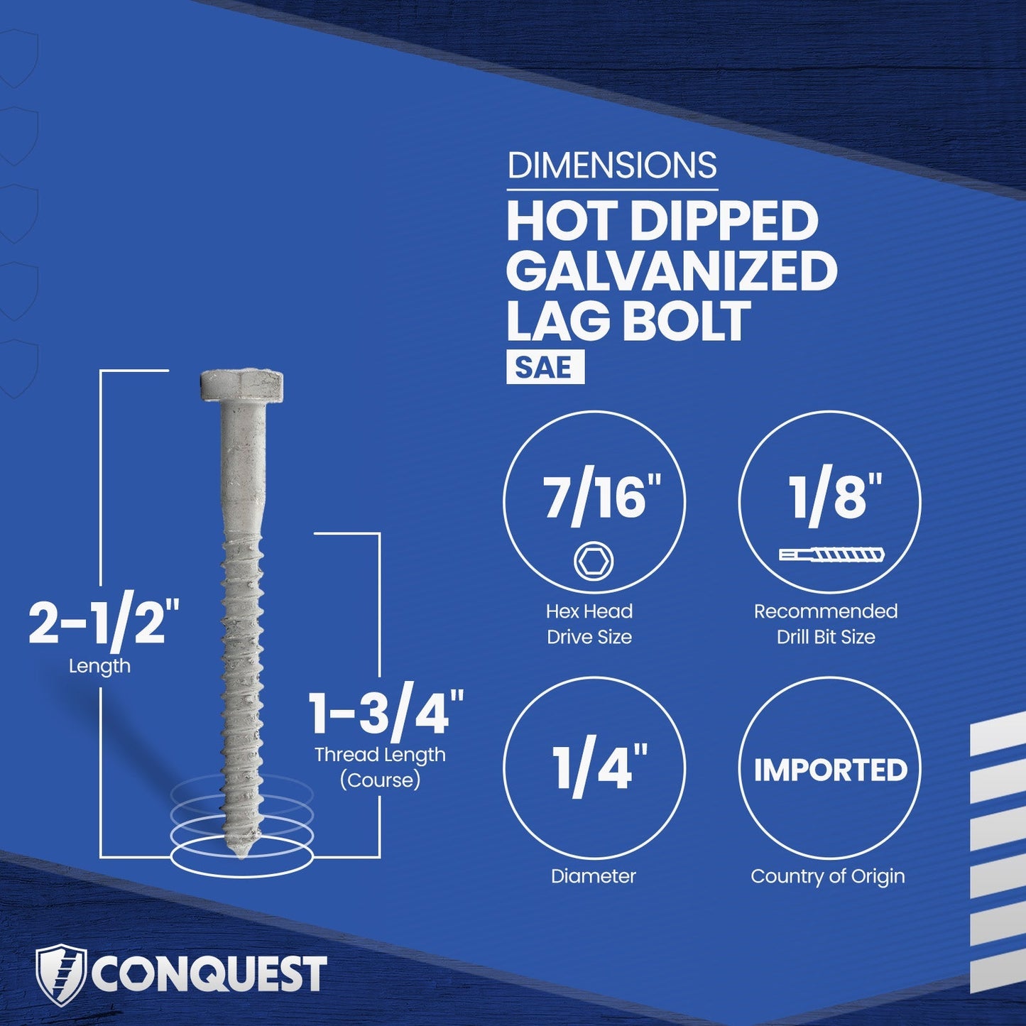 1/4"-10 x 2-1/2" Conquest Hex Head Lag Bolt for Wood - Hot Dip Galvanized