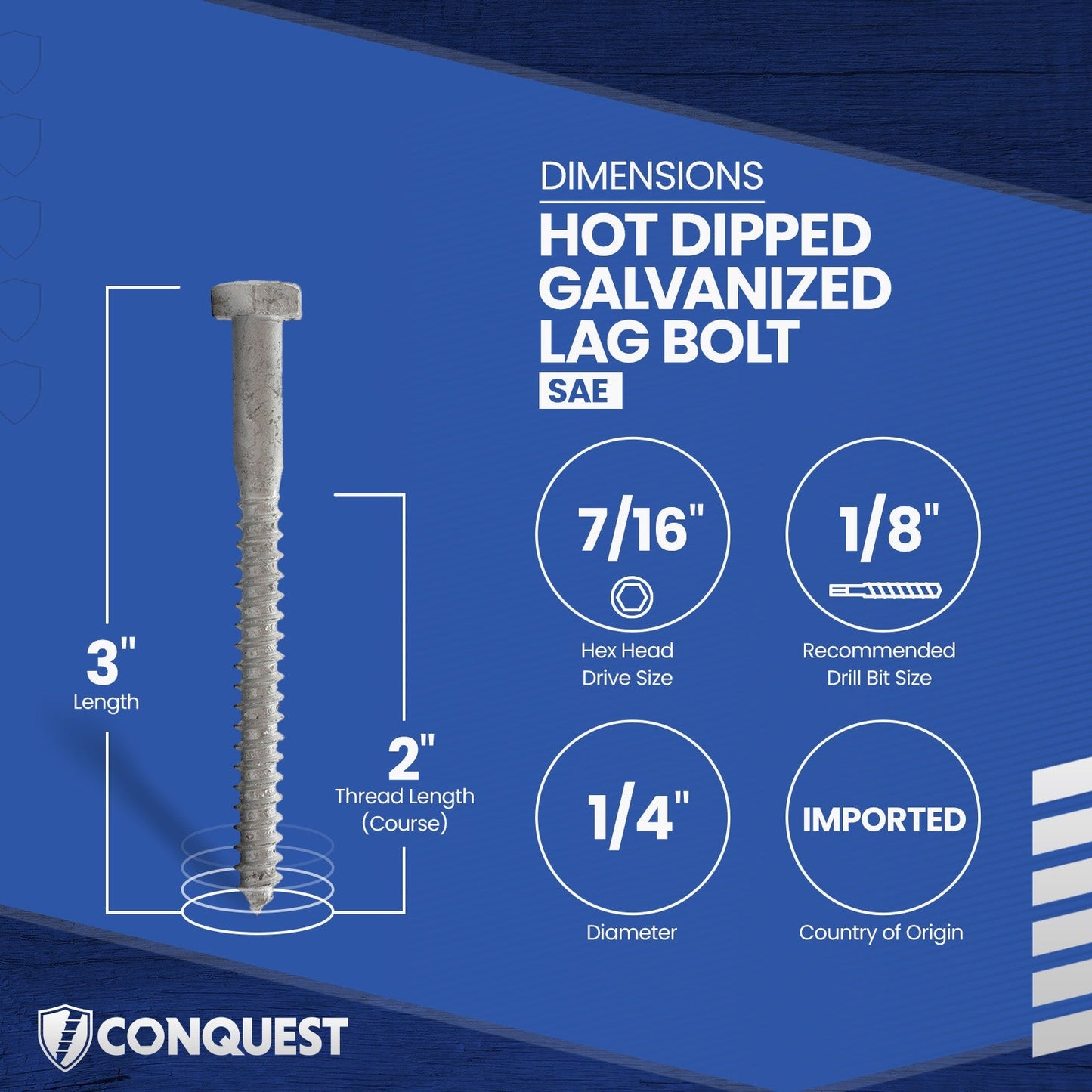 1/4"-10 x 3" Conquest Hex Head Lag Bolt for Wood - Hot Dip Galvanized