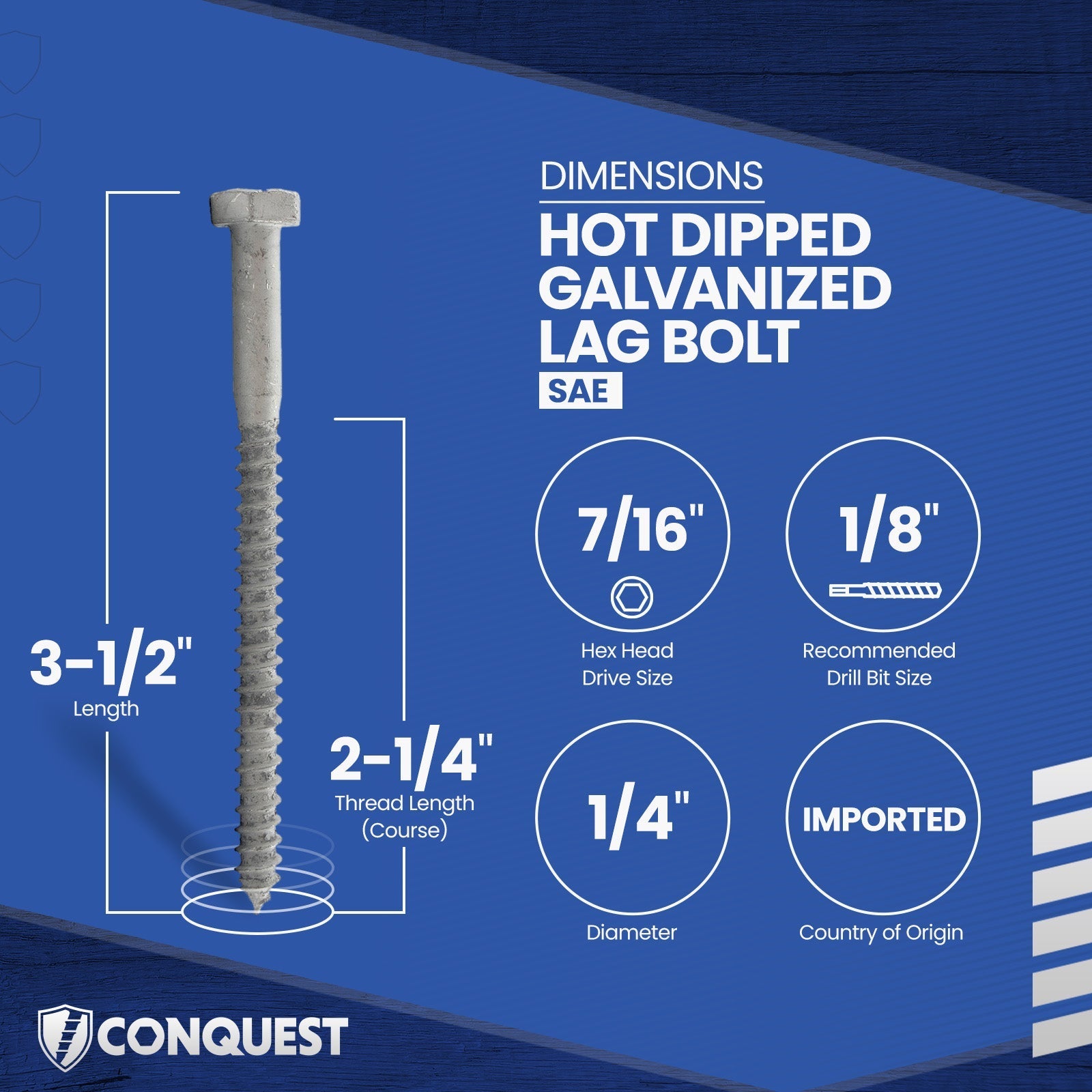 1/4"-10 x 3-1/2" Conquest Hex Head Lag Bolt for Wood - Hot Dip Galvanized
