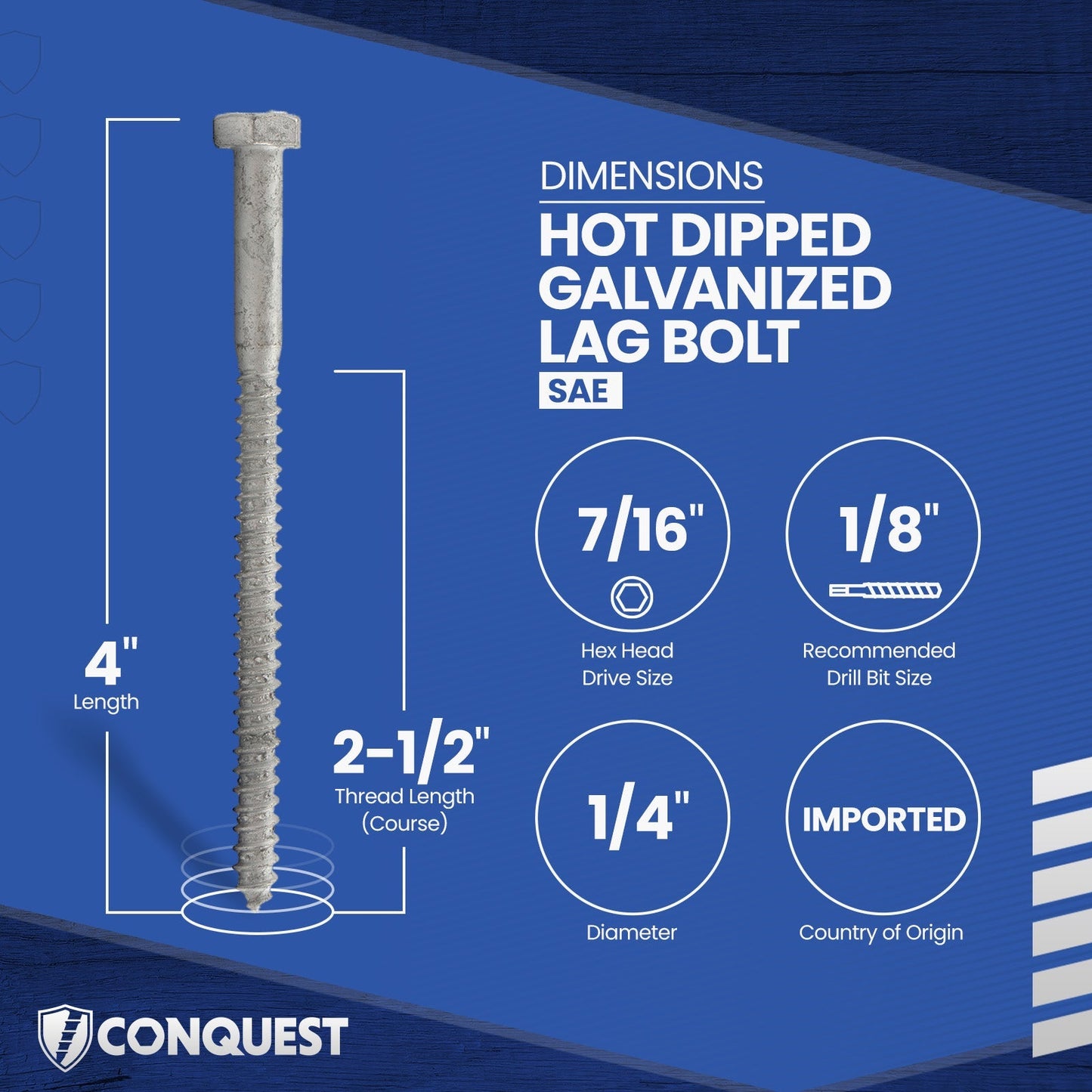 1/4"-10 x 4" Conquest Hex Head Lag Bolt for Wood - Hot Dip Galvanized