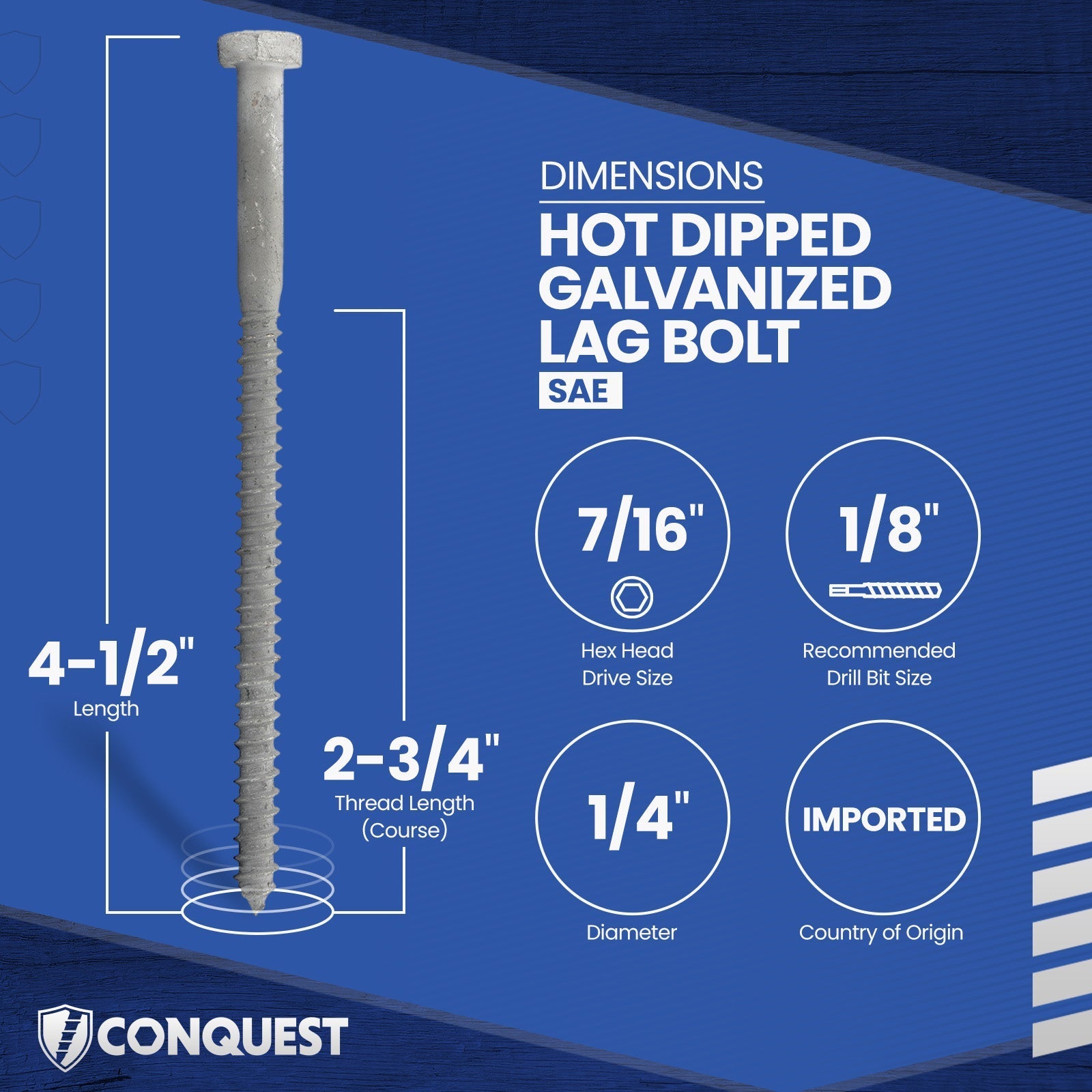 1/4"-10 x 4-1/2" Conquest Hex Head Lag Bolt for Wood - Hot Dip Galvanized