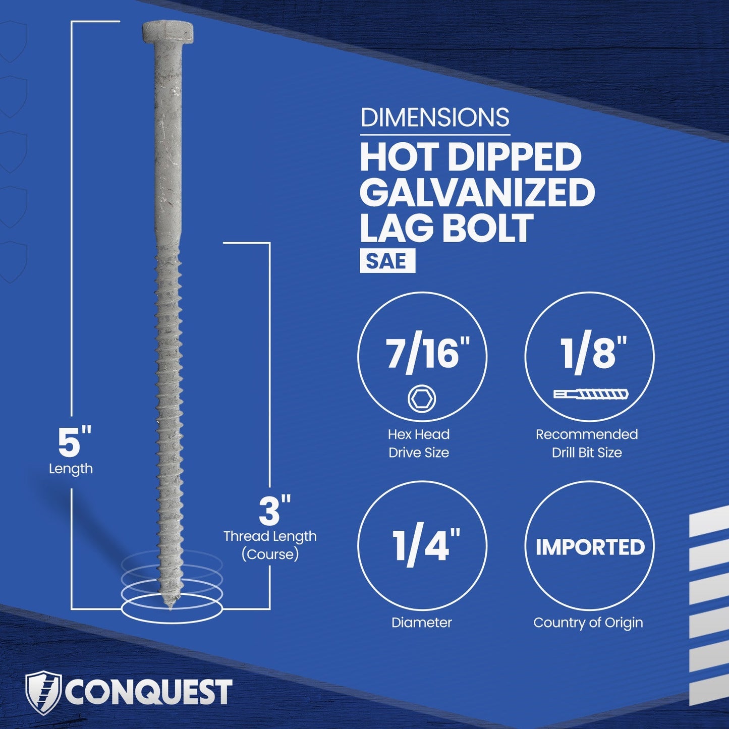 1/4"-10 x 5" Conquest Hex Head Lag Bolt for Wood - Hot Dip Galvanized