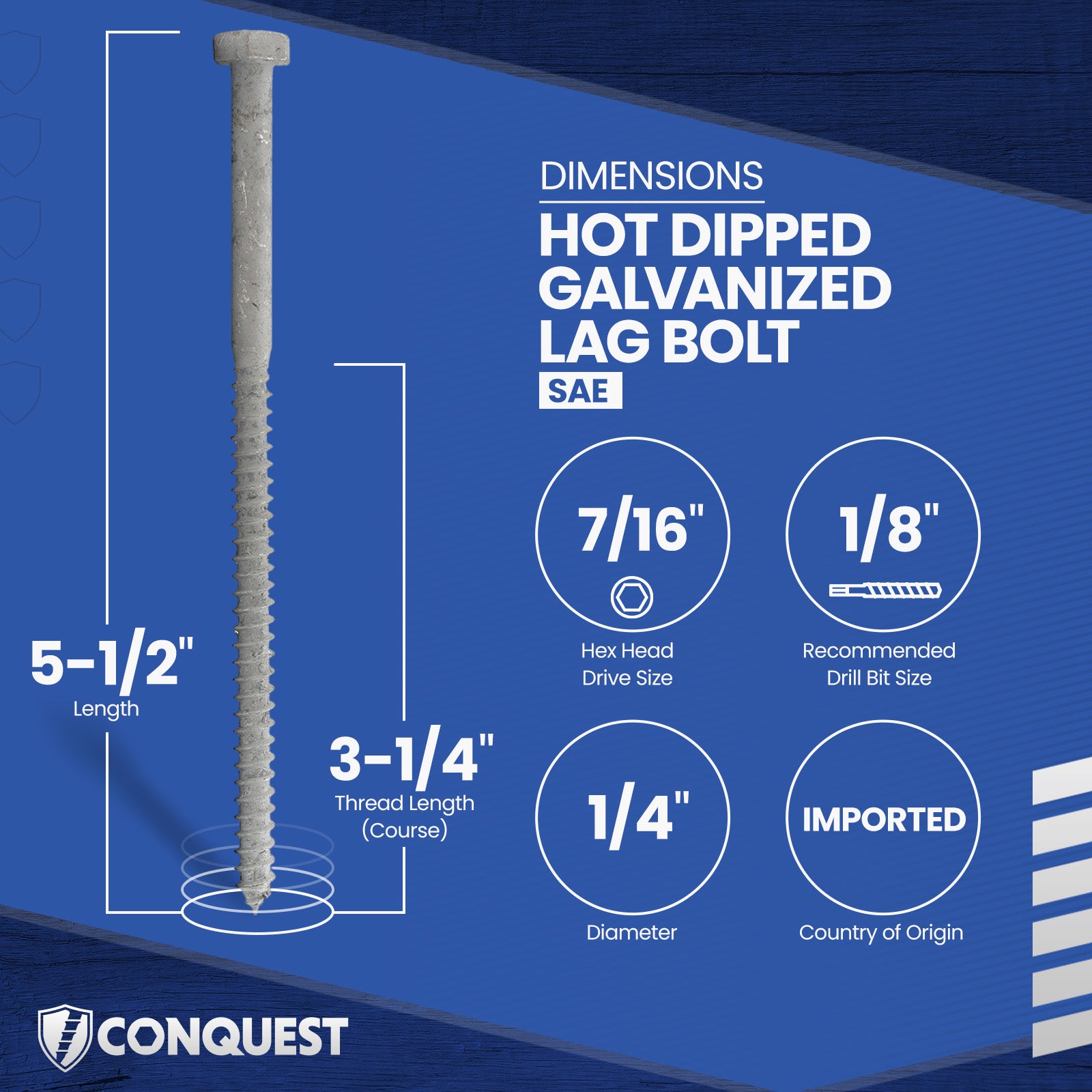 1/4"-10 x 5-1/2" Conquest Hex Head Lag Bolt for Wood - Hot Dip Galvanized