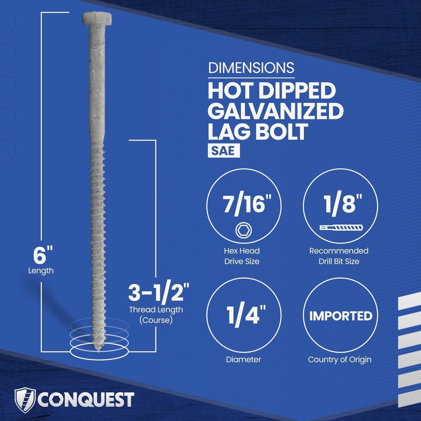 1/4"-10 x 6" Conquest Hex Head Lag Bolt for Wood - Hot Dip Galvanized