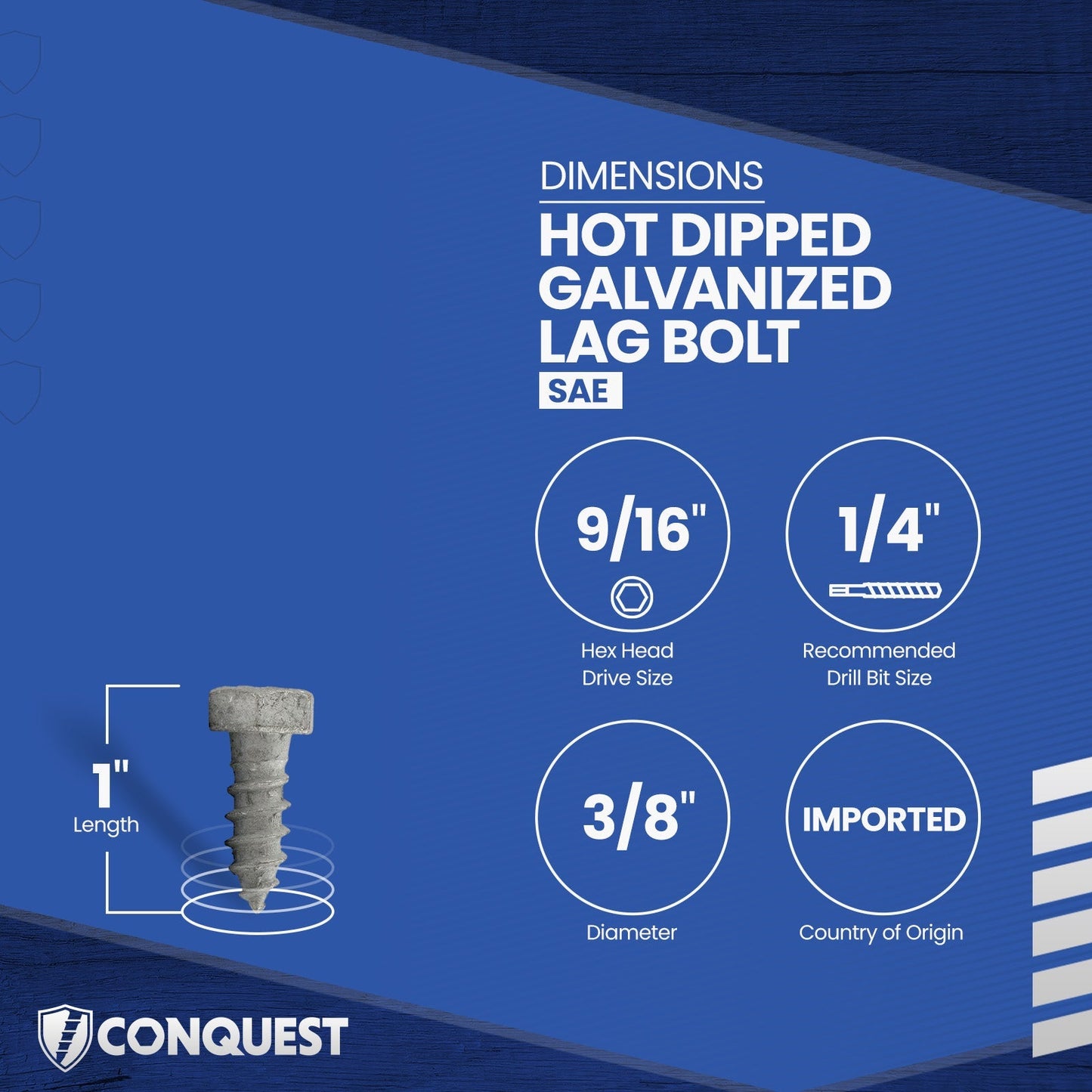 3/8"-7 x 1" Conquest Hex Head Lag Bolt for Wood - Hot Dip Galvanized