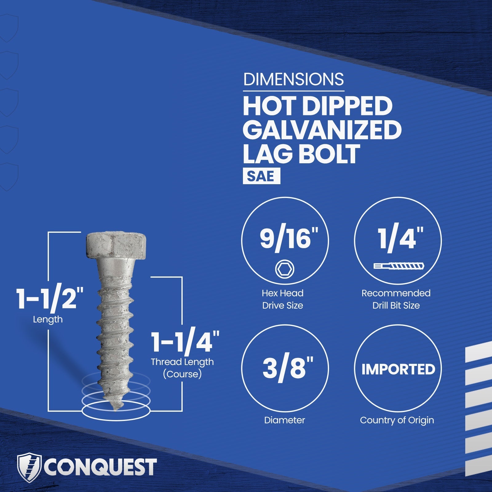 3/8"-7 x 1-1/2" Conquest Hex Head Lag Bolt for Wood - Hot Dip Galvanized