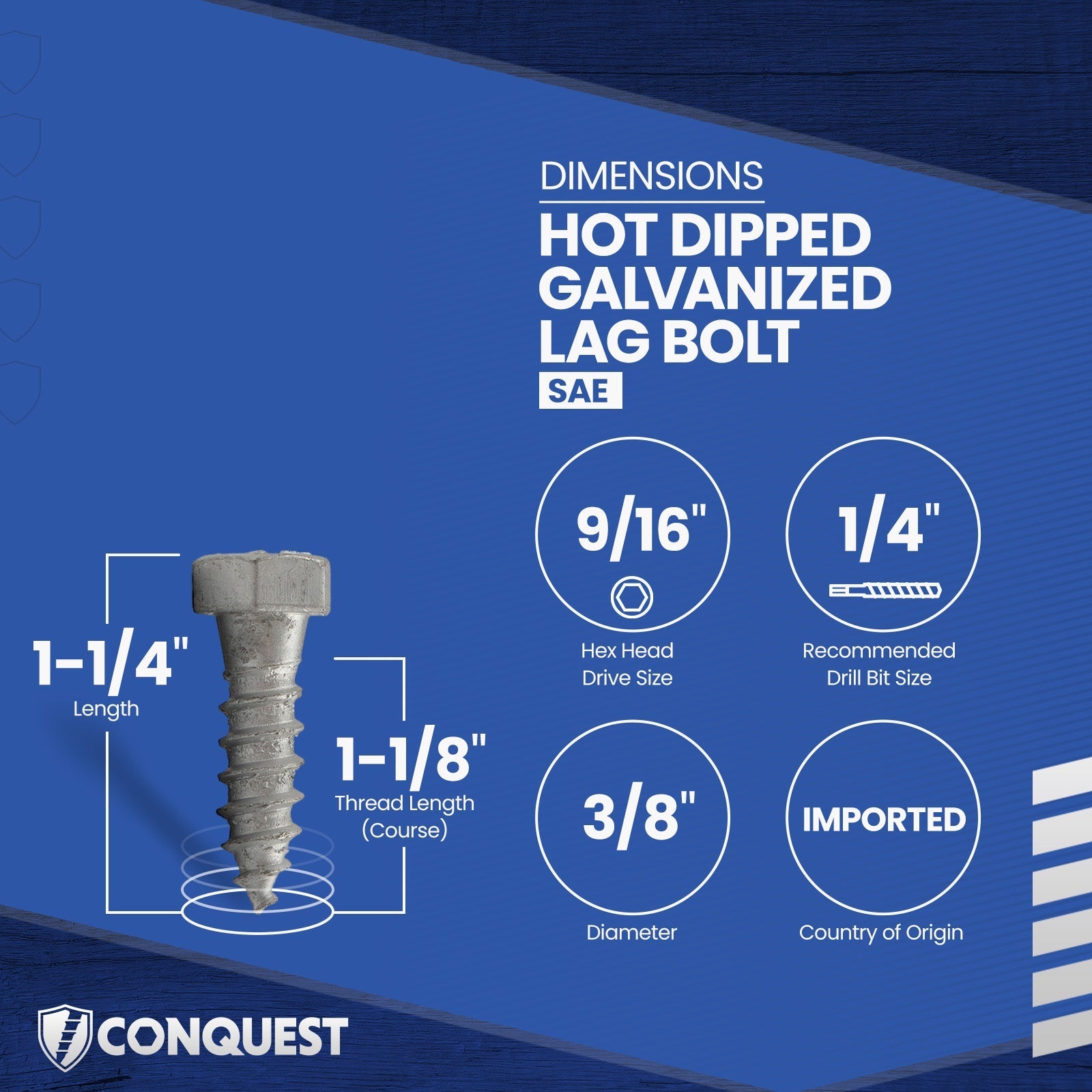 3/8"-7 x 1-1/4" Conquest Hex Head Lag Bolt for Wood - Hot Dip Galvanized