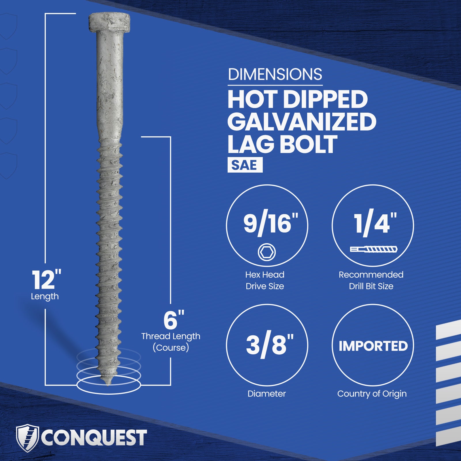 3/8"-7 x 12" Conquest Hex Head Lag Bolt for Wood - Hot Dip Galvanized