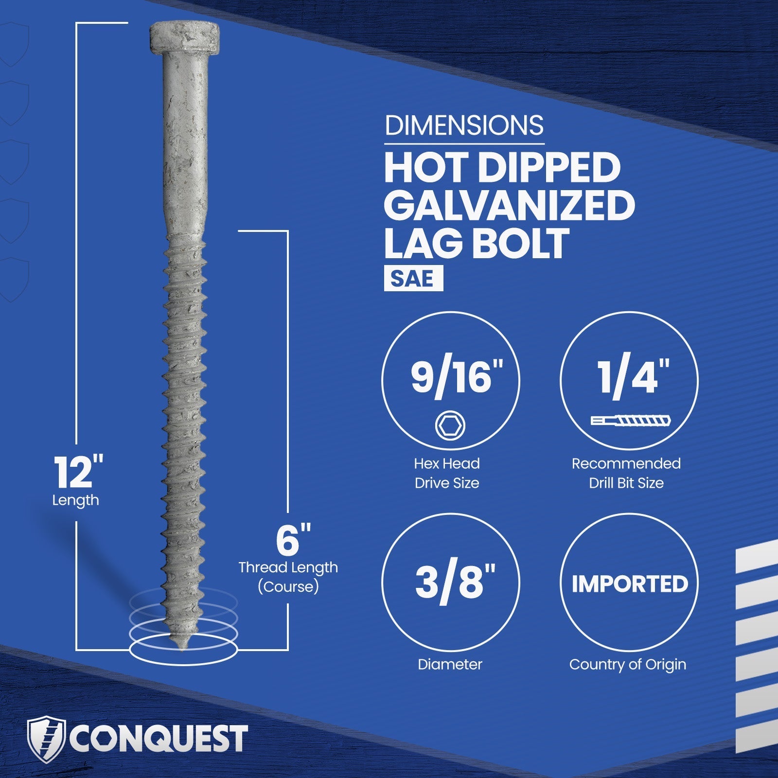 3/8"-7 x 12" Conquest Hex Head Lag Bolt for Wood - Hot Dip Galvanized