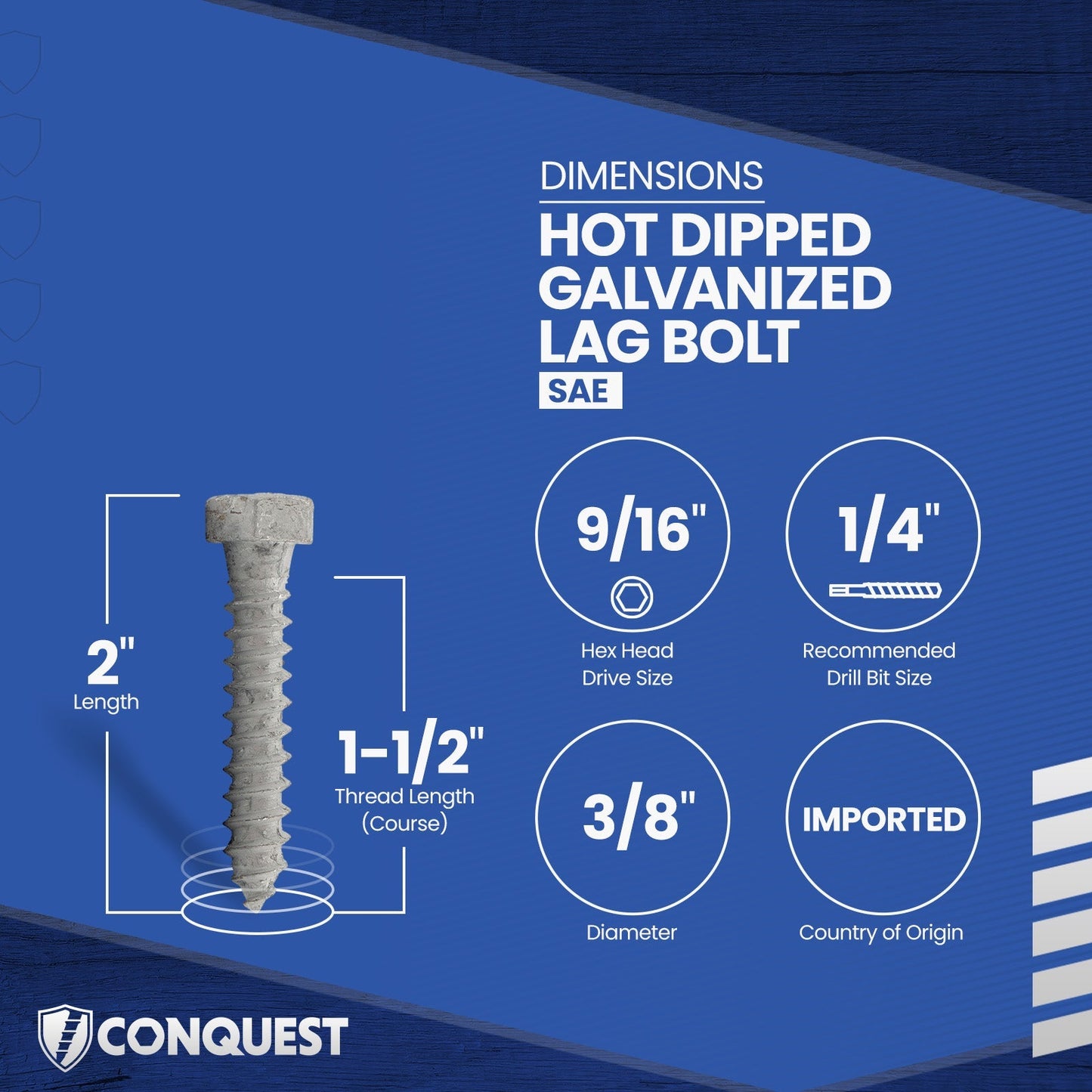 3/8"-7 x 2" Conquest Hex Head Lag Bolt for Wood - Hot Dip Galvanized