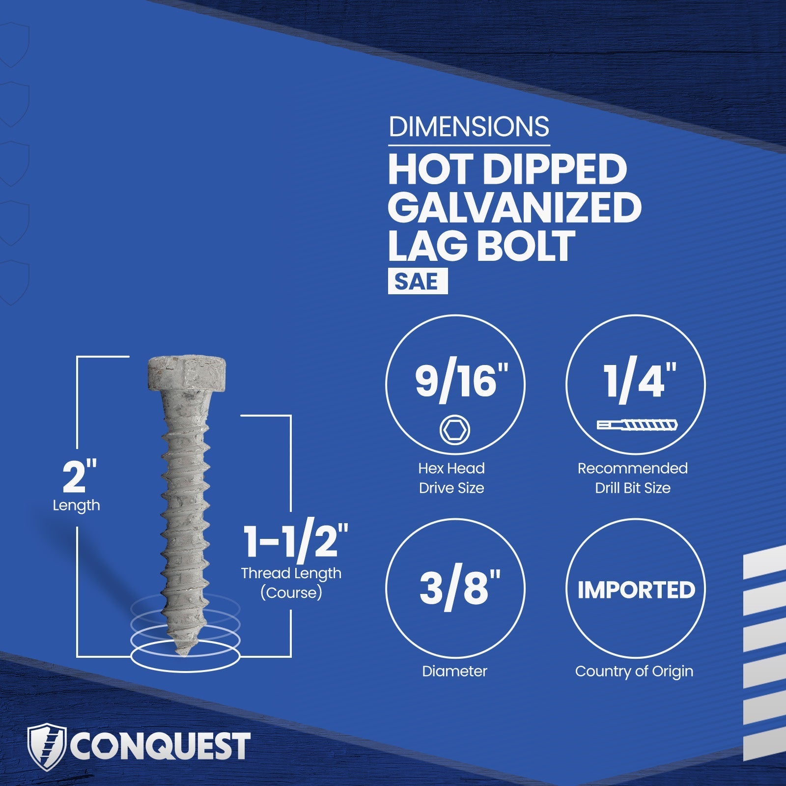 3/8"-7 x 2" Conquest Hex Head Lag Bolt for Wood - Hot Dip Galvanized