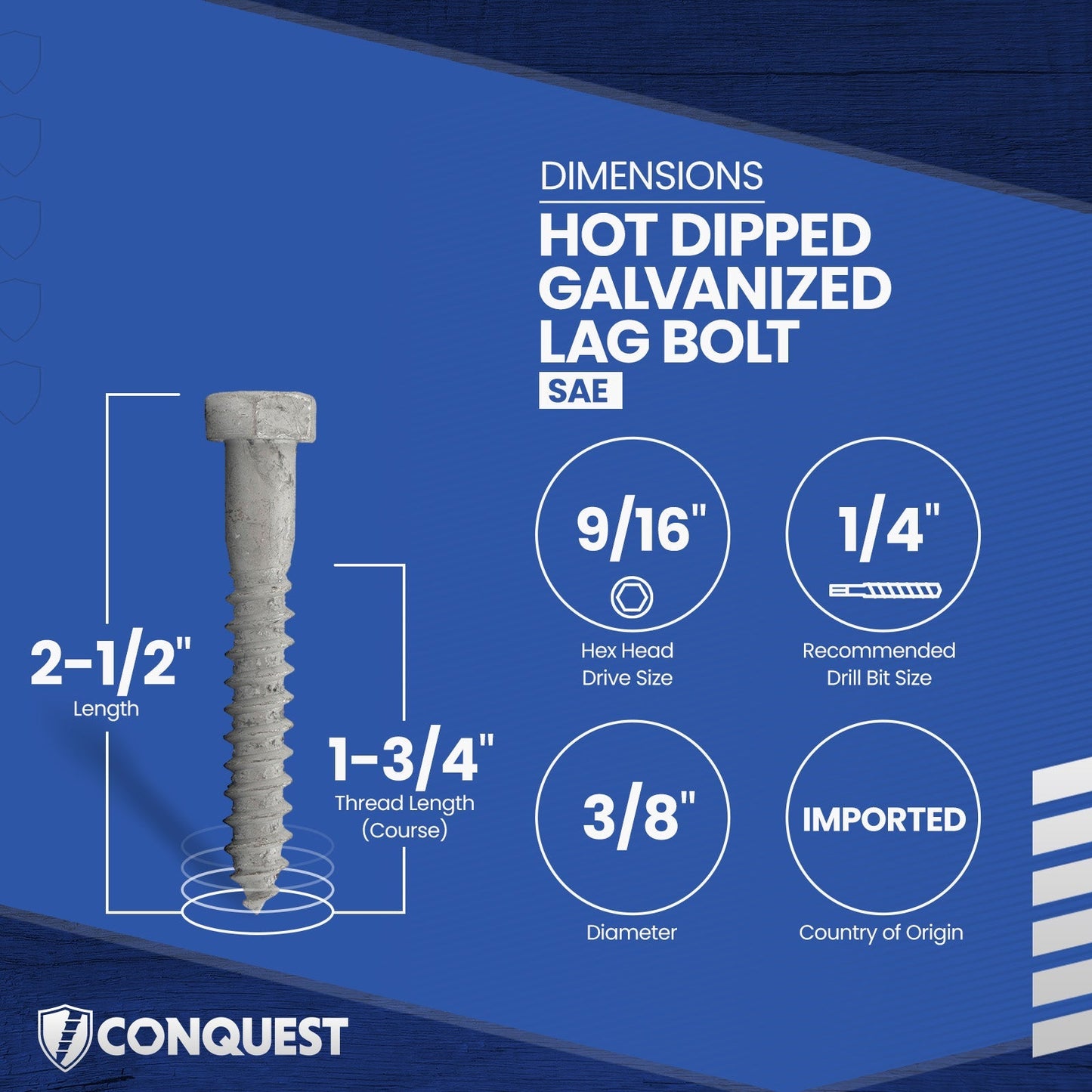 3/8"-7 x 2-1/2" Conquest Hex Head Lag Bolt for Wood - Hot Dip Galvanized