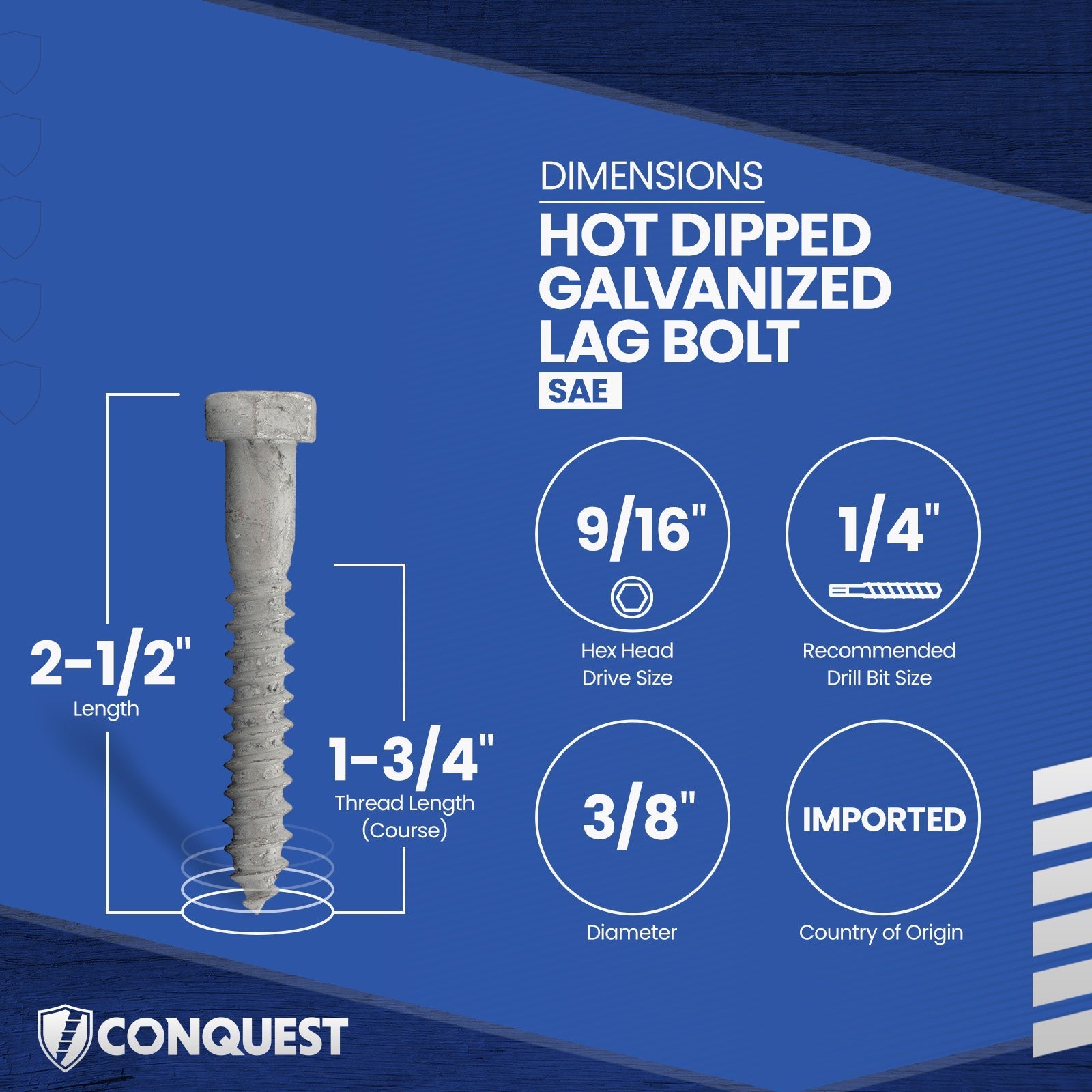 3/8"-7 x 2-1/2" Conquest Hex Head Lag Bolt for Wood - Hot Dip Galvanized