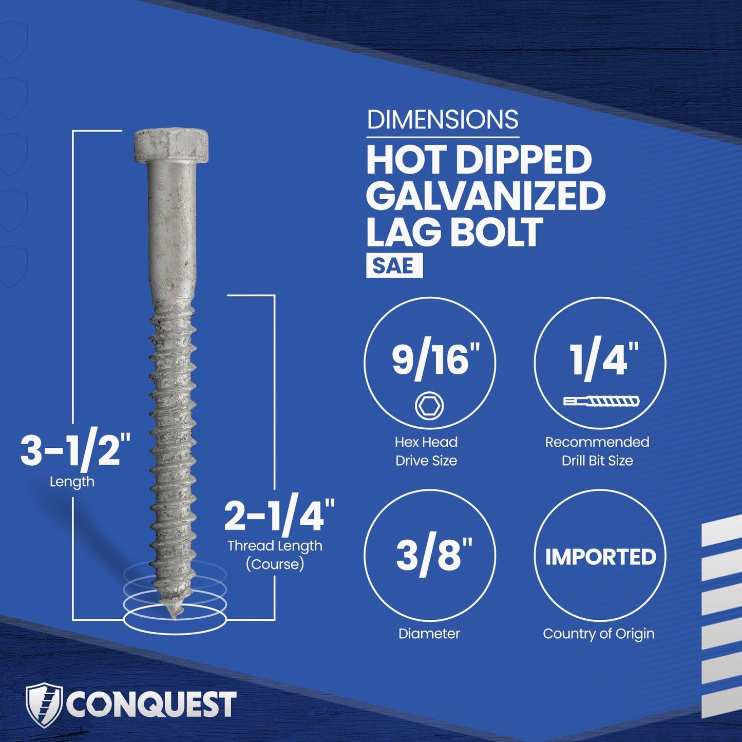 3/8"-7 x 3-1/2" Conquest Hex Head Lag Bolt for Wood - Hot Dip Galvanized