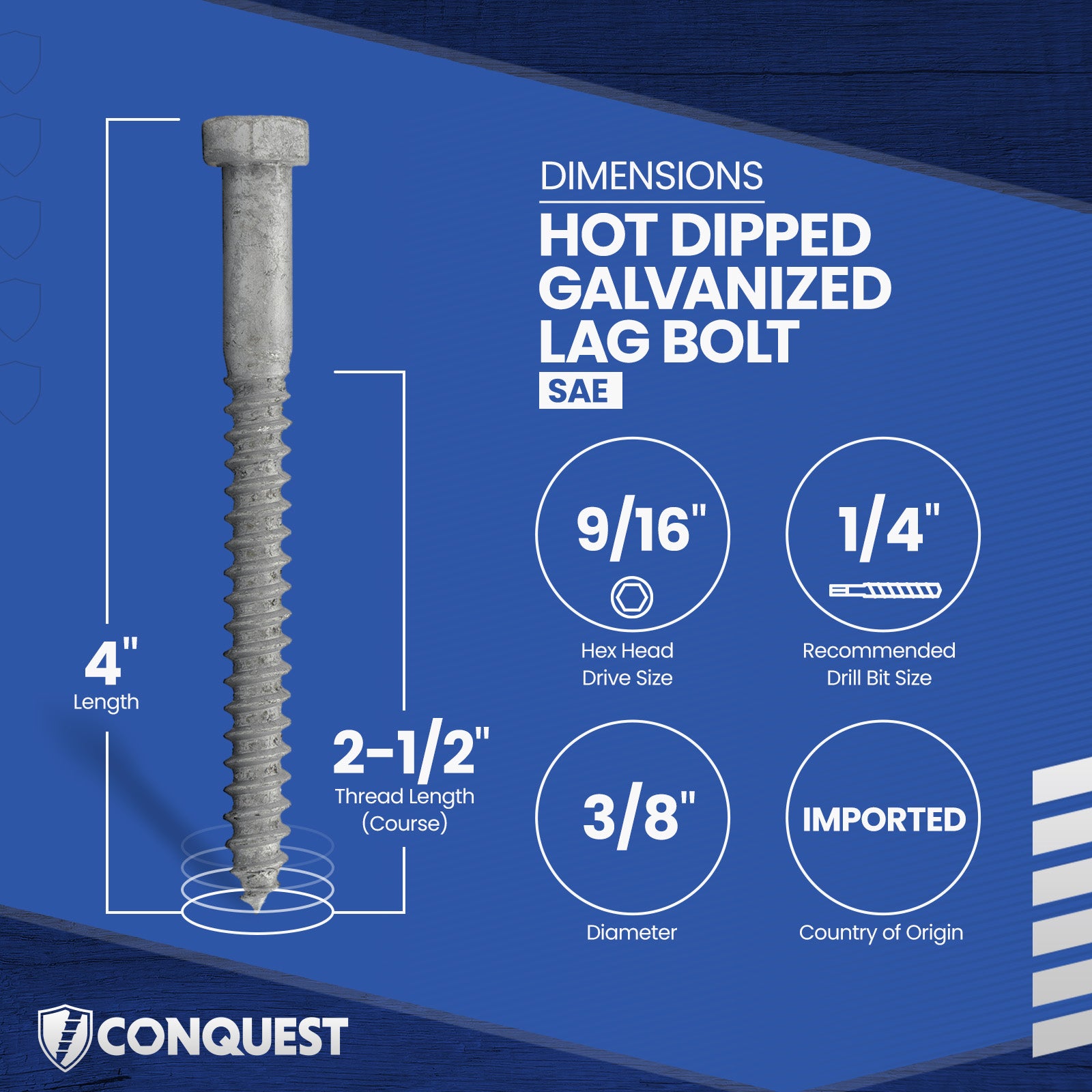 3/8"-7 x 4" Conquest Hex Head Lag Bolt for Wood - Hot Dip Galvanized