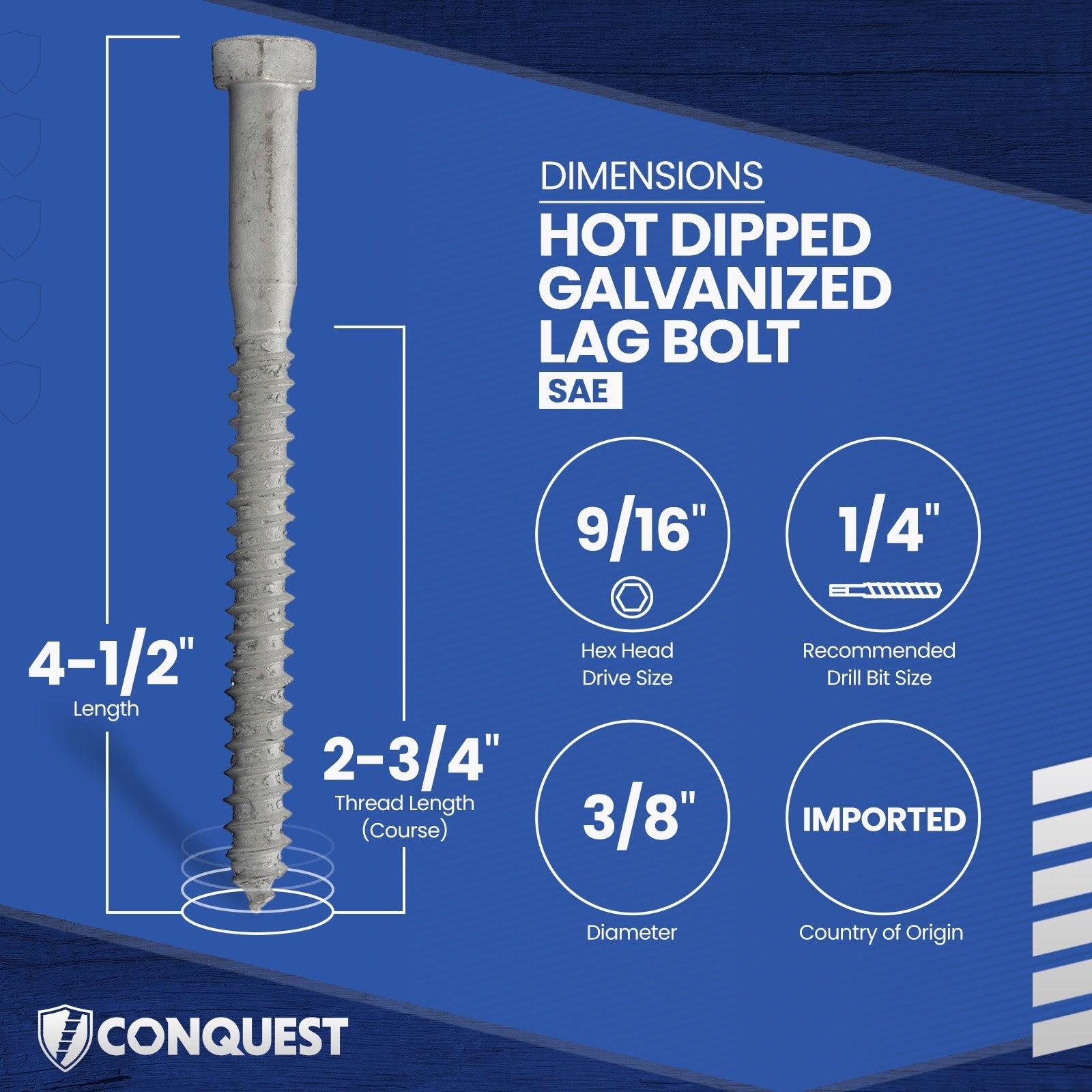 3/8"-7 x 4-1/2" Conquest Hex Head Lag Bolt for Wood - Hot Dip Galvanized