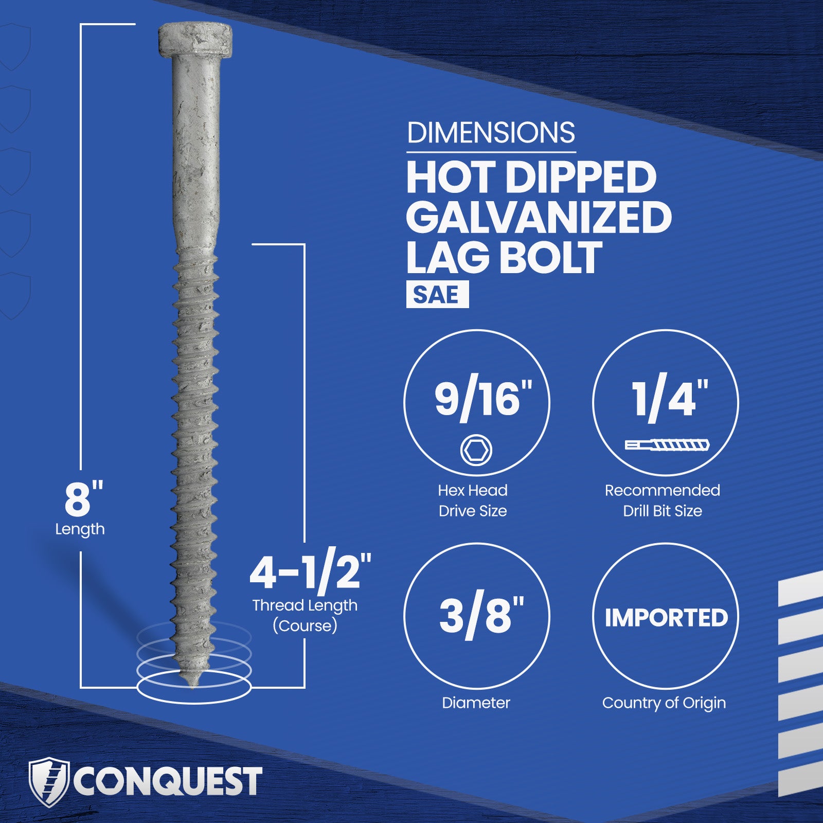 3/8"-7 x 8" Conquest Hex Head Lag Bolt for Wood - Hot Dip Galvanized