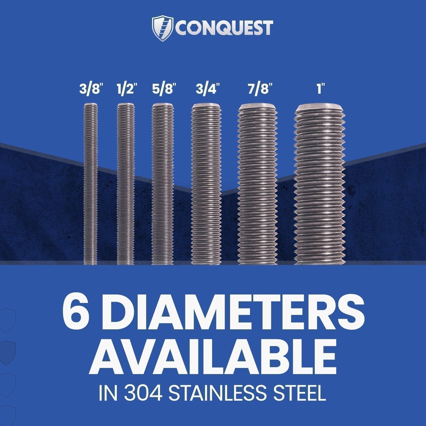 Conquest 304 Stainless steel threaded rod diameter options
