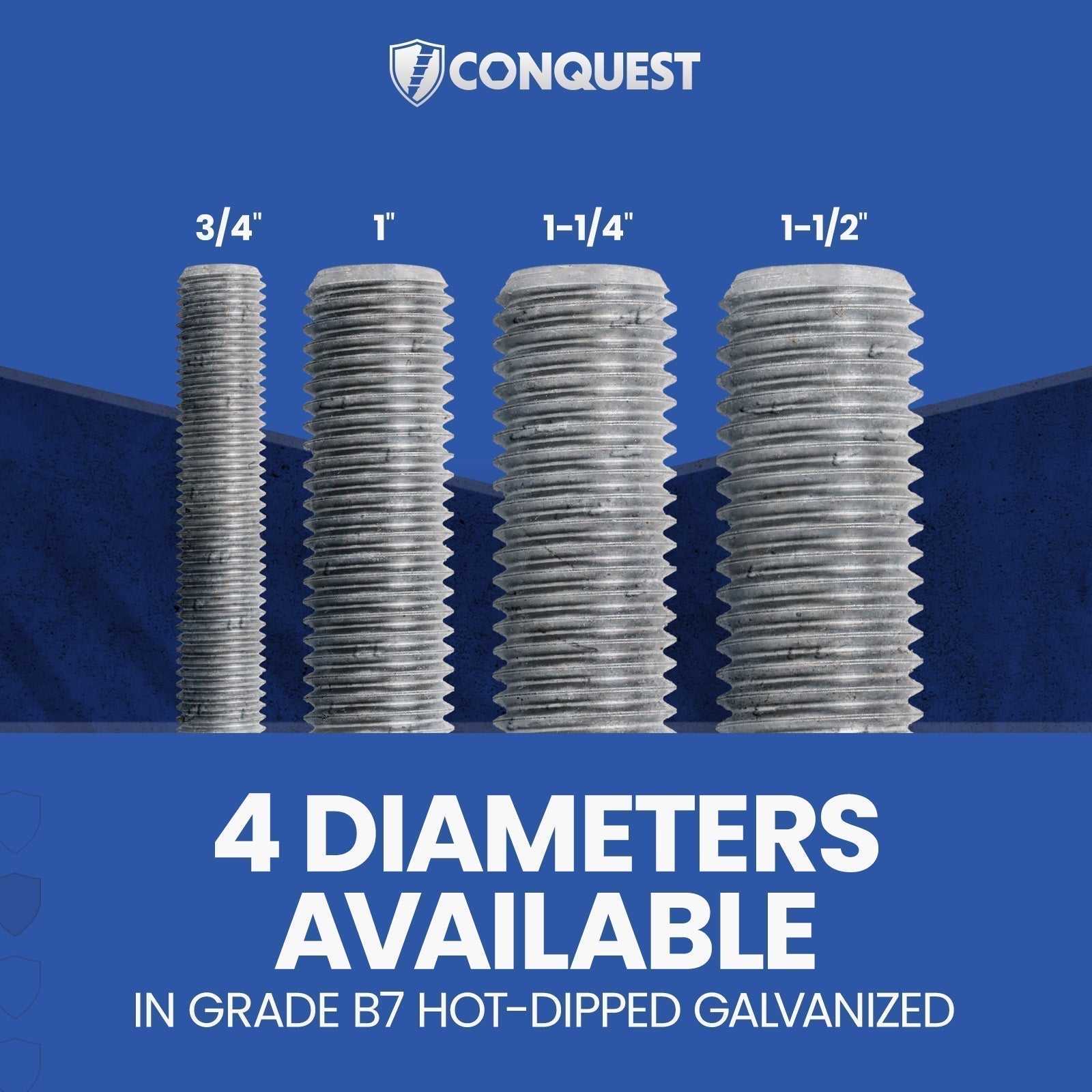 Conquest Grade B7 hot dip galvanized threaded rod diameter size chart