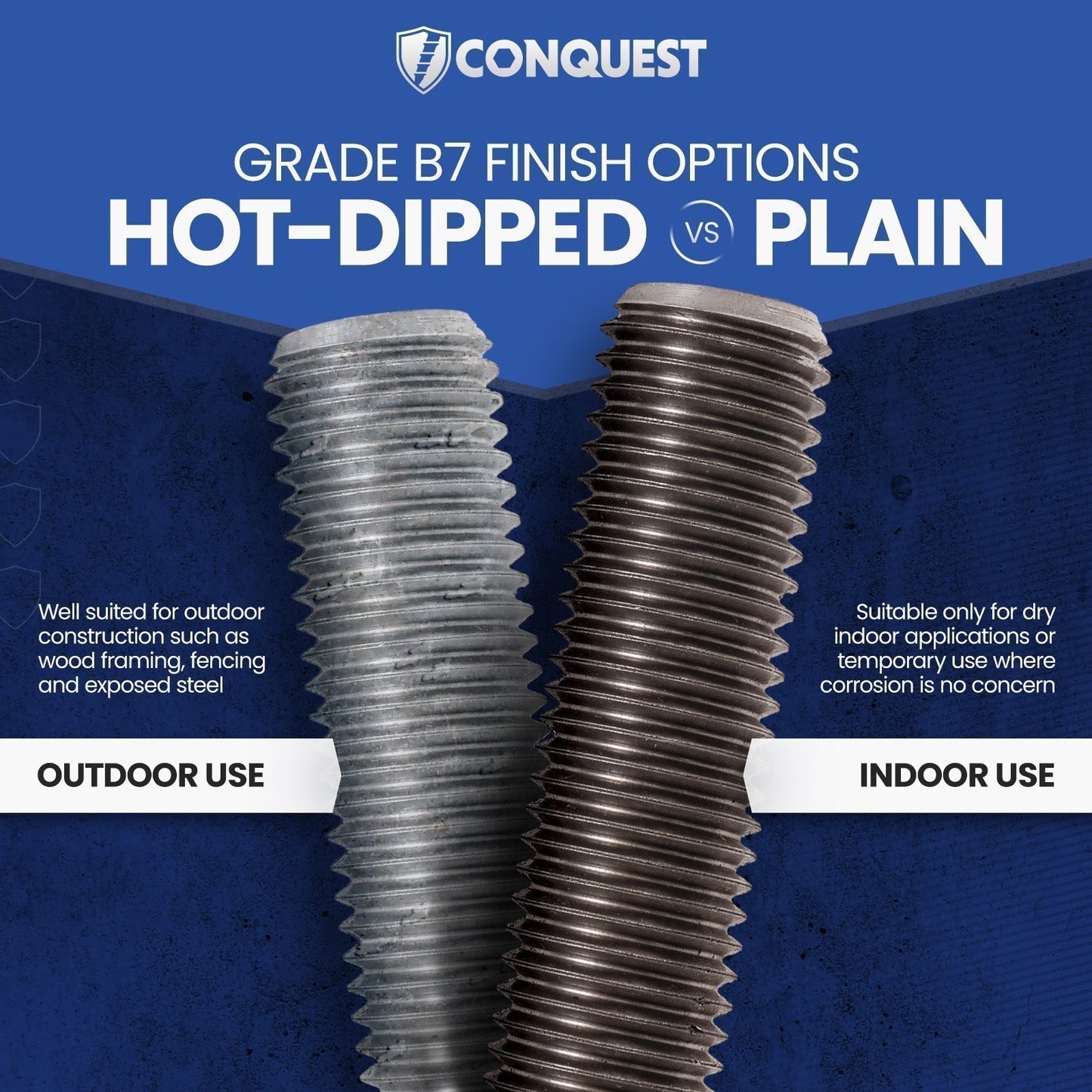 Conquest Grade B7 Threaded Rod finishes plain vs hot dip galvanized