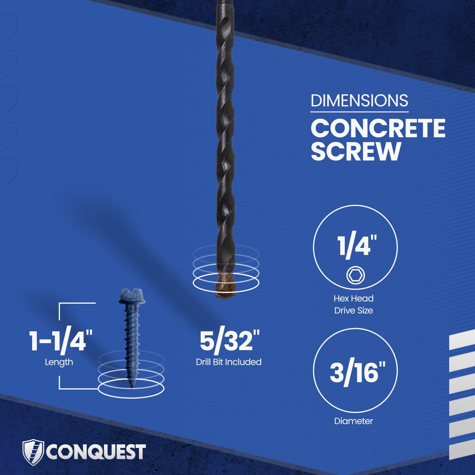 3/16" x 1-1/4" Conquest Hex Concrete Screw - Single Dimensions