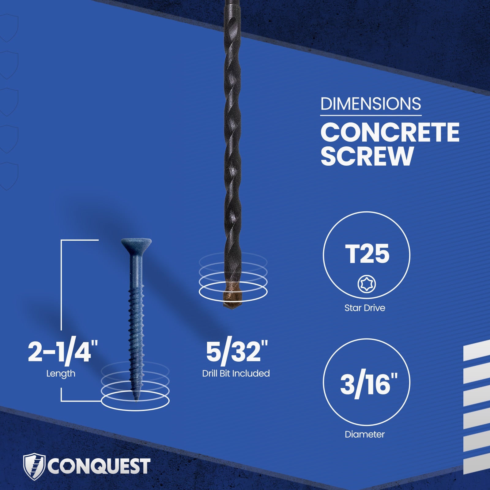 3/16" x 2-1/4" Conquest T-25 Flat Head Concrete Screw - Single Dimensions