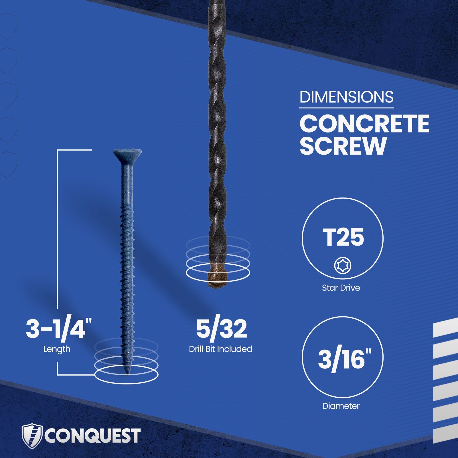 3/16" x 3-1/4" Conquest T-25 Flat Head Concrete Screw - Single Dimensions
