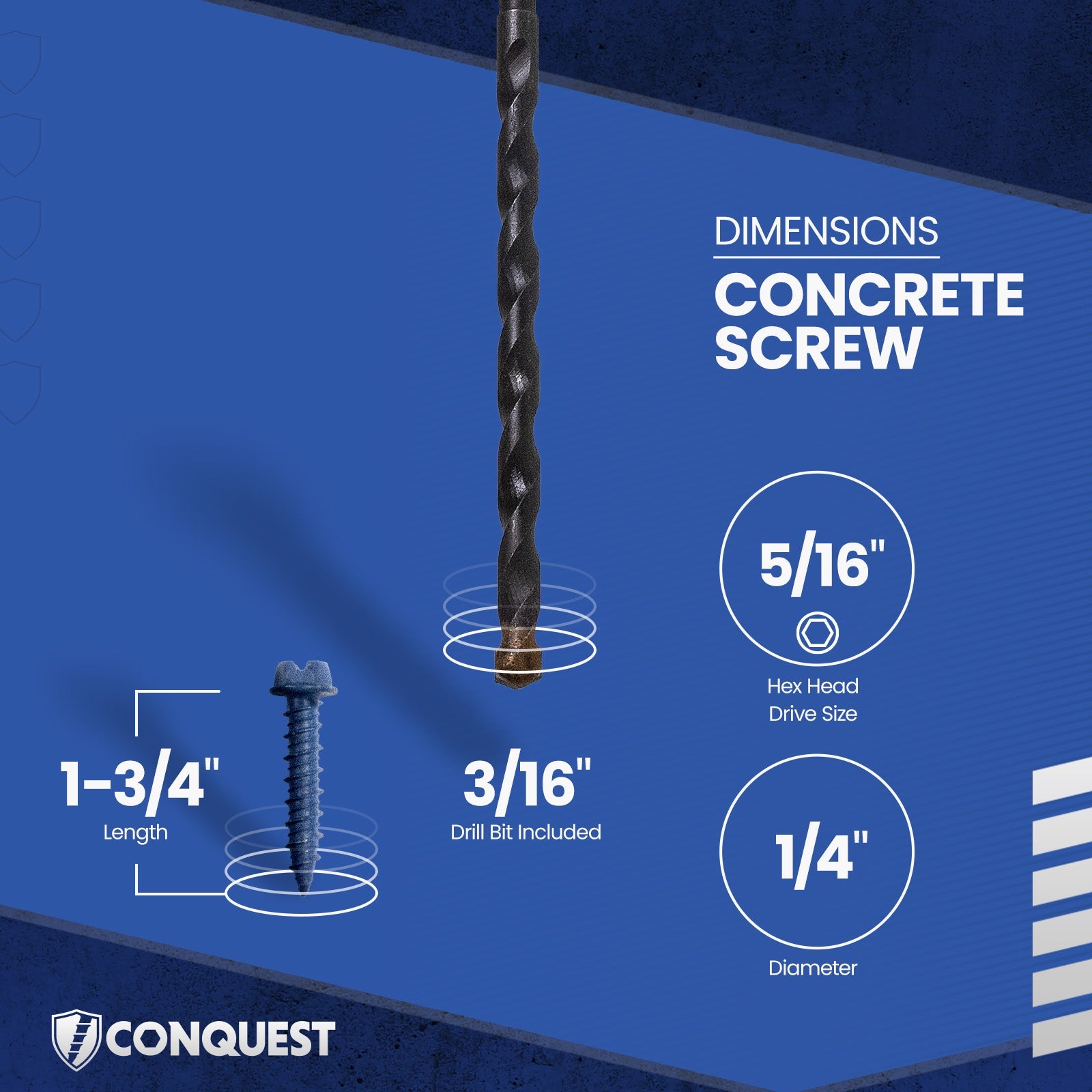 1/4" x 1-1/4" Conquest Hex Concrete Screw - Single Dimensions
