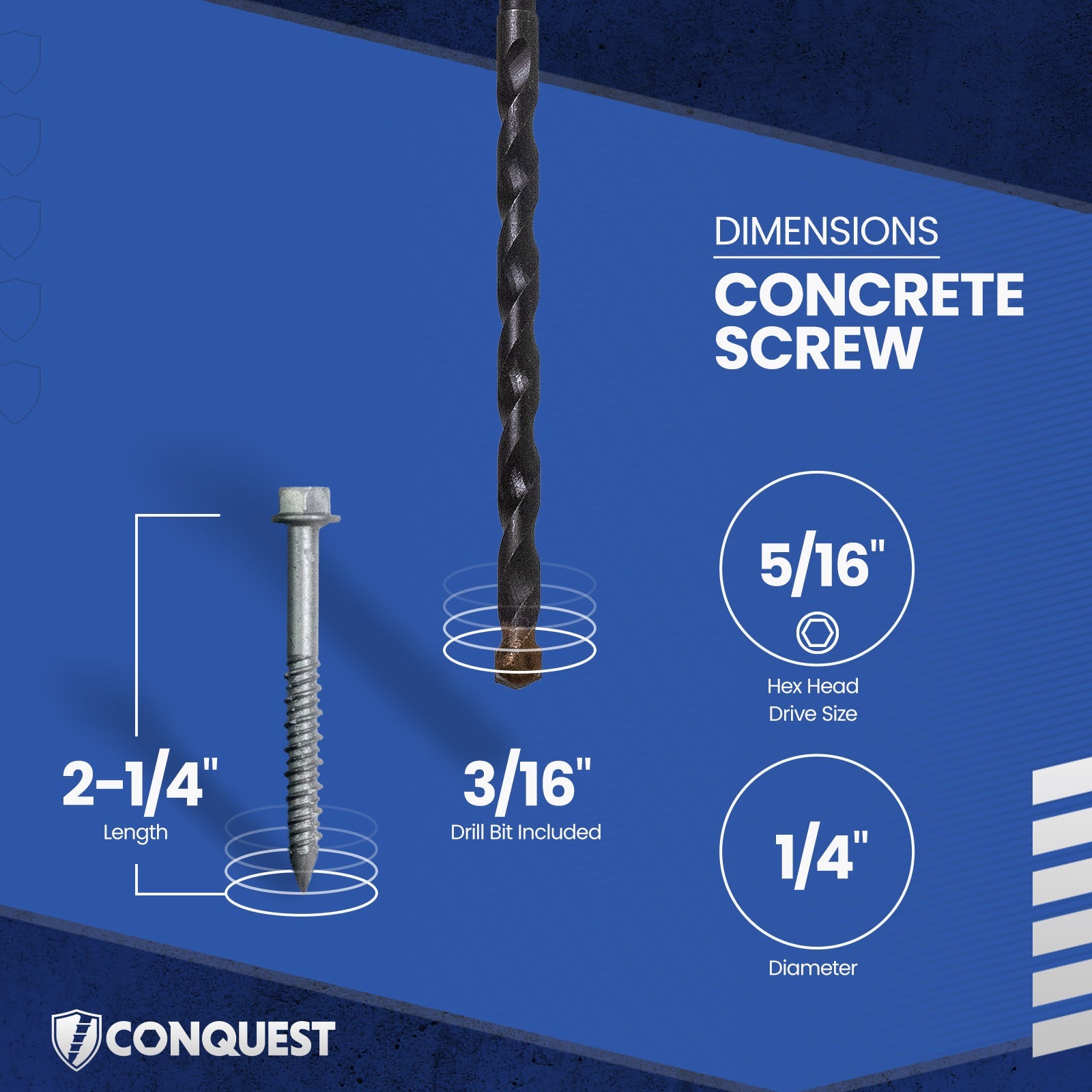 1/4" x 2-1/4" Conquest Hex Concrete Screw - 410 Stainless Steel - Single Dimensions