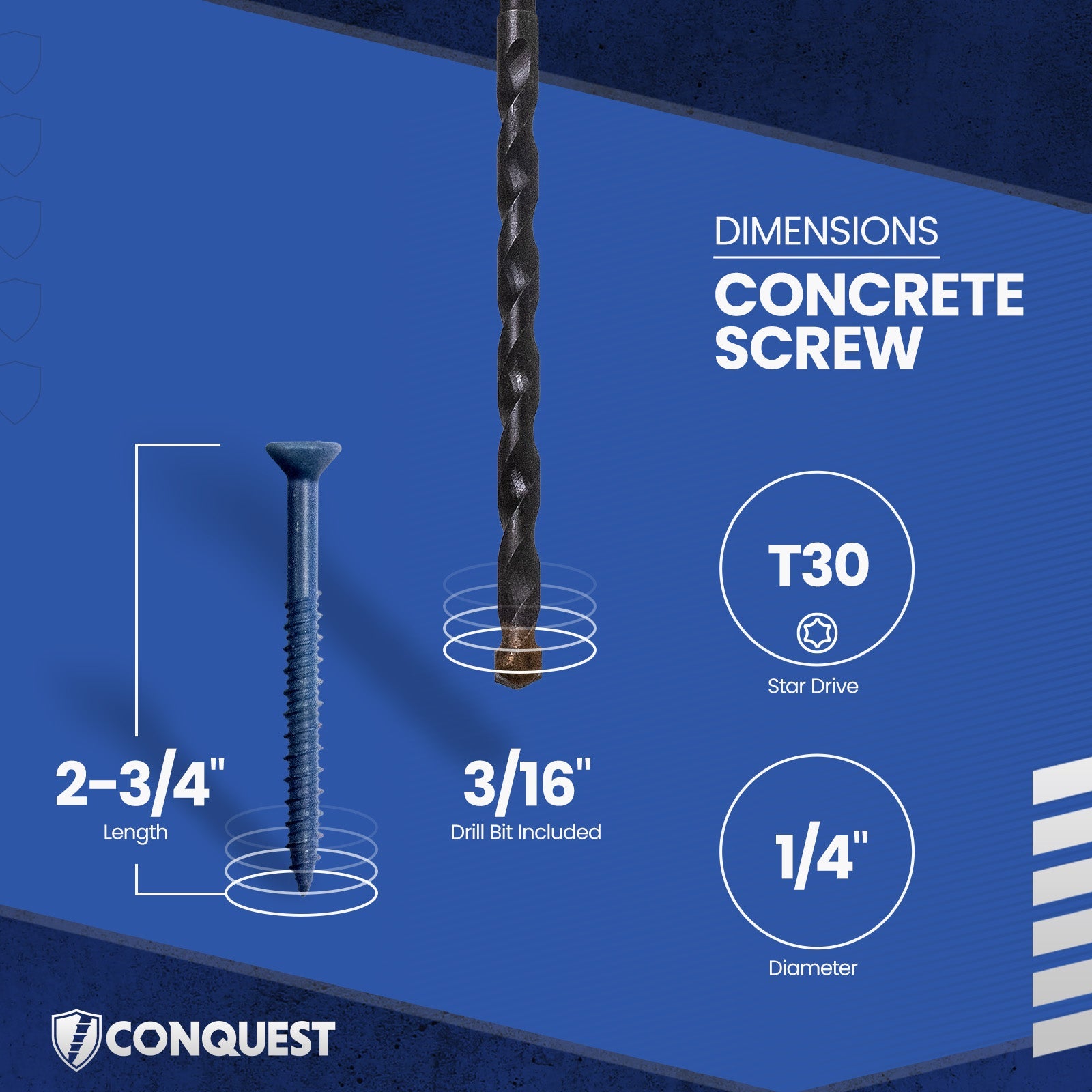 1/4" x 2-3/4" Conquest T-30 Flat Head Concrete Screw - Single Dimensions