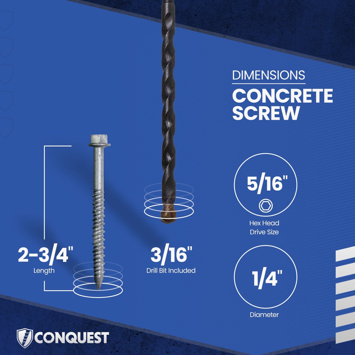 1/4" x 2-3/4" Conquest Hex Concrete Screw - 410 Stainless Steel - Single Dimensions